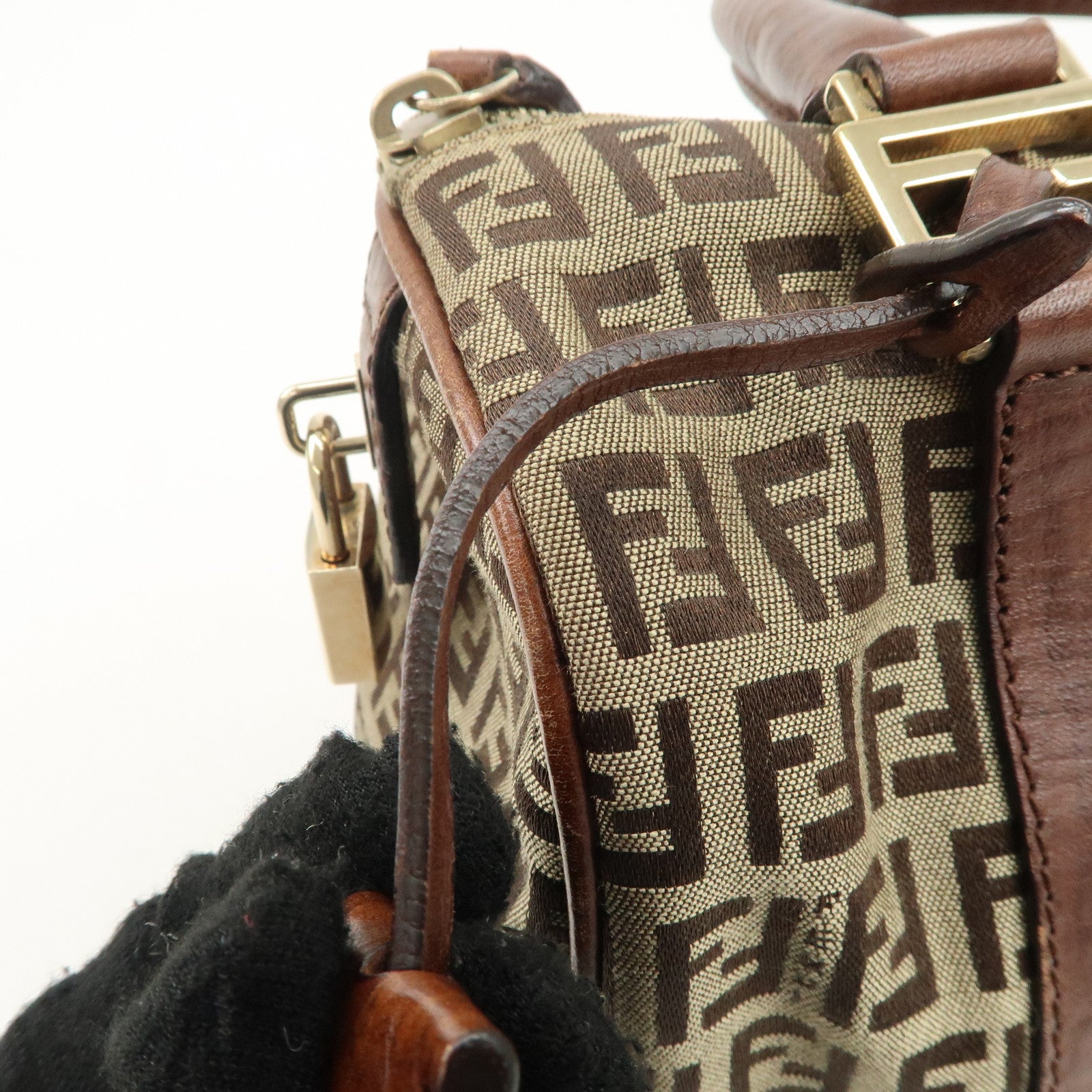 FENDI Zucchino Canvas Leather Boston Bag Brown Beige 8BL068 Used