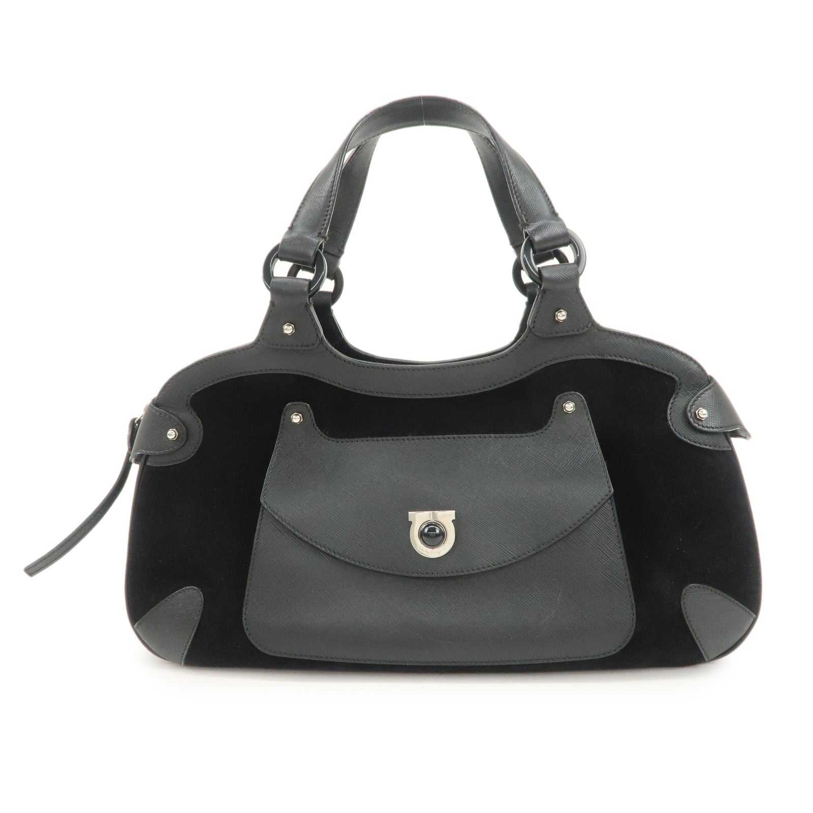 Ferragamo Gancini Leather Suede Hand Bag Black Used