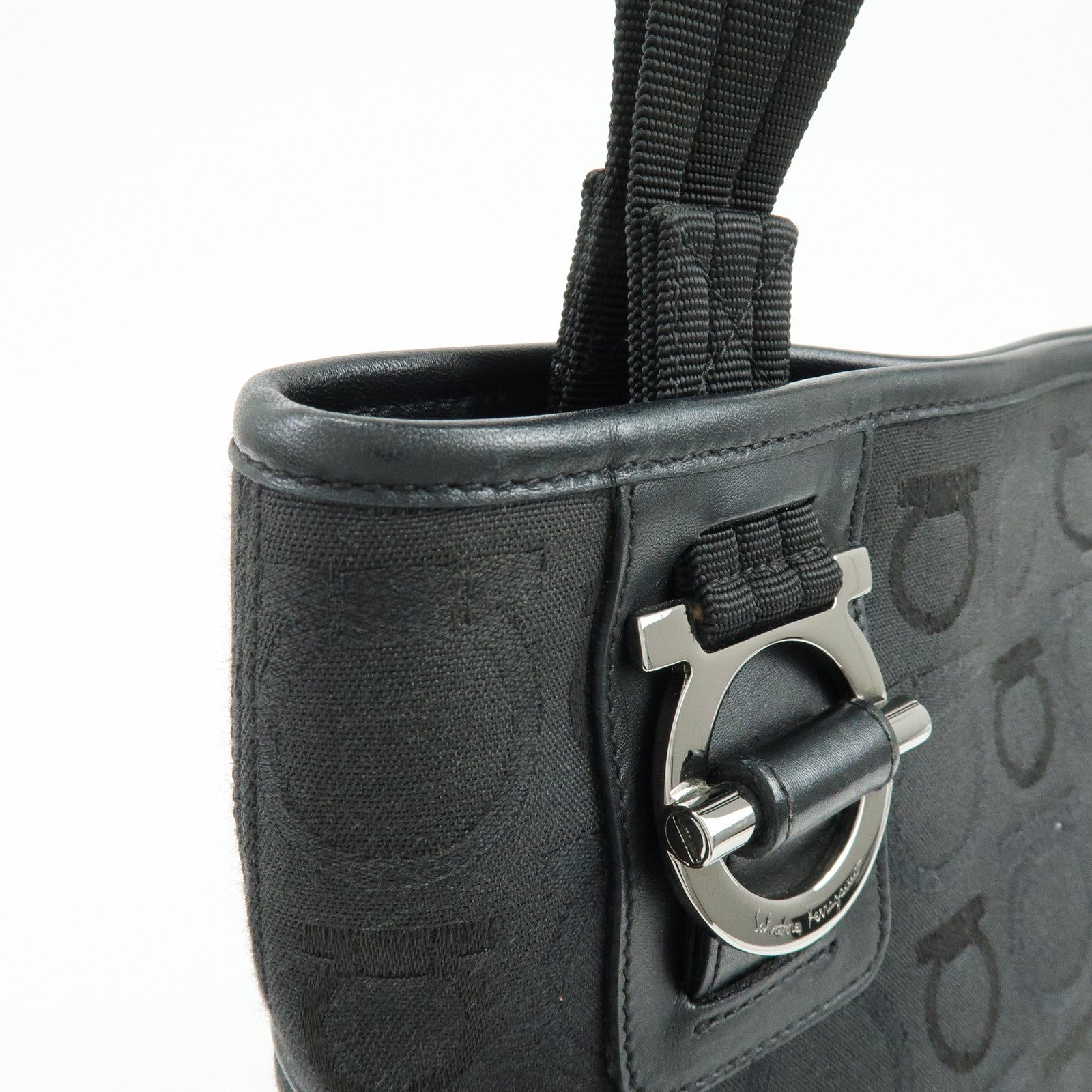 Ferragamo Gancini Canvas Leather Tote Bag Shoulder Bag Black