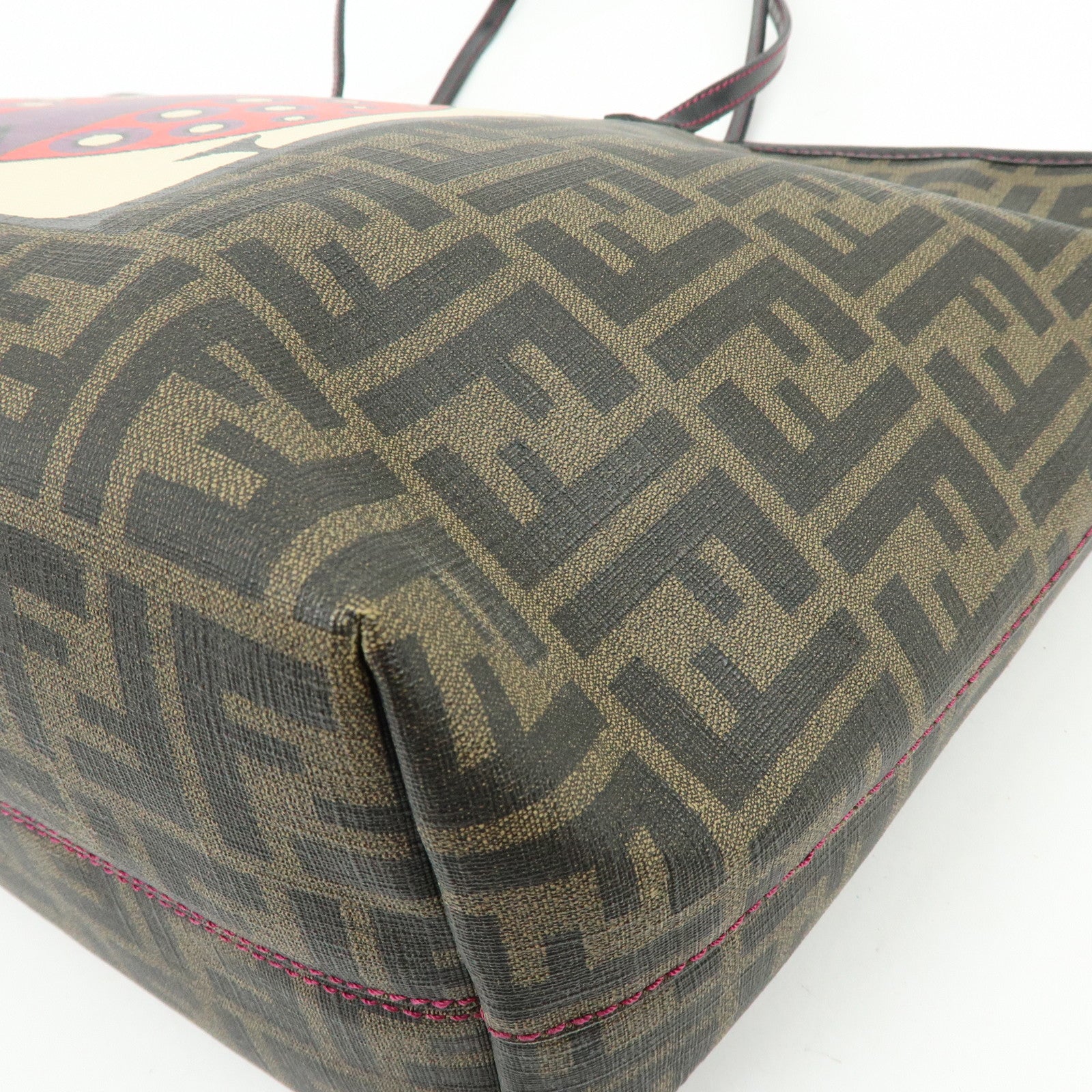 FENDI Zucca PVC Leather Ladybug Tote Shoulder Bag Brown Red 8BH185