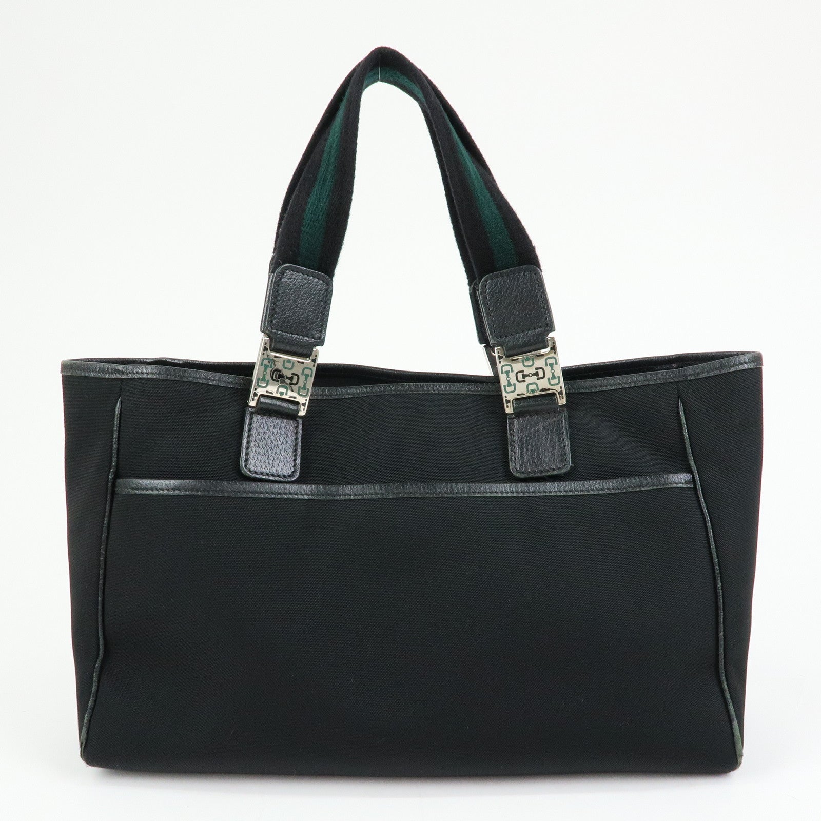 GUCCI Sherry Nylon Leather Tote Bag Hand Bag Black 145758