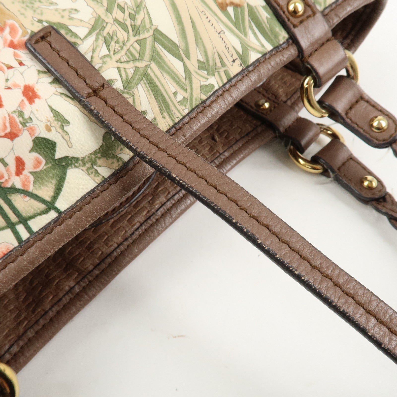 Ferragamo Gancini Leather Nylon Tote Bag Ivory Multicolor