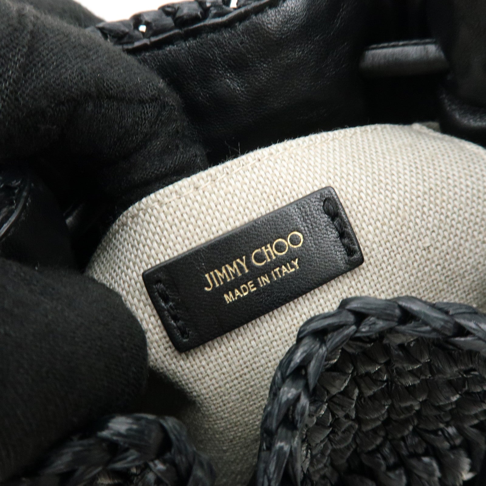 JIMMY CHOO BON BON Raffia Beads Leather 2Way Mini Bag Black
