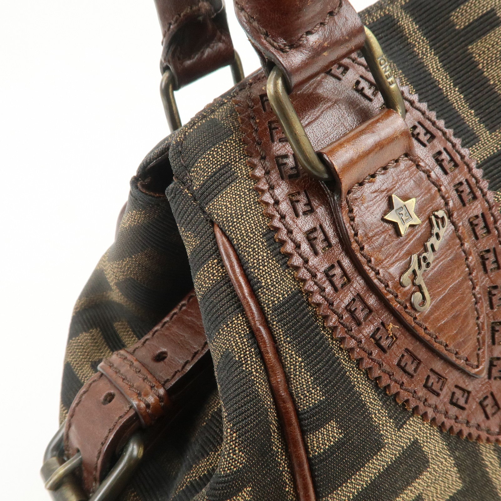 FENDI Ethnico Zucca Canvas Leather Tote Bag Shoulder Bag 8BN157