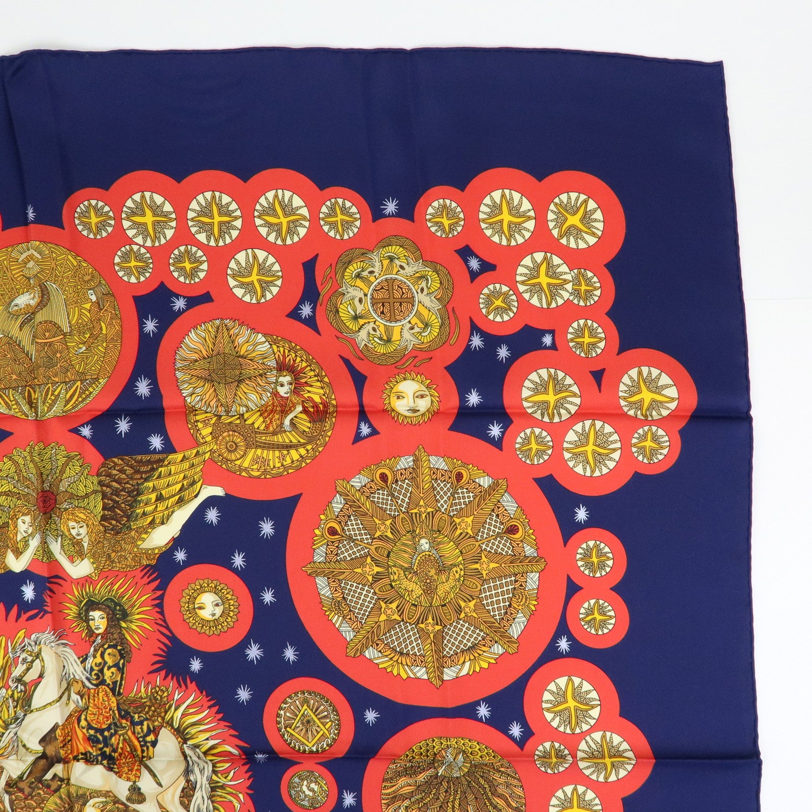 HERMES Carre 90 Silk 100% Scarf LE ROY SOLEIL Navy Red Yellow