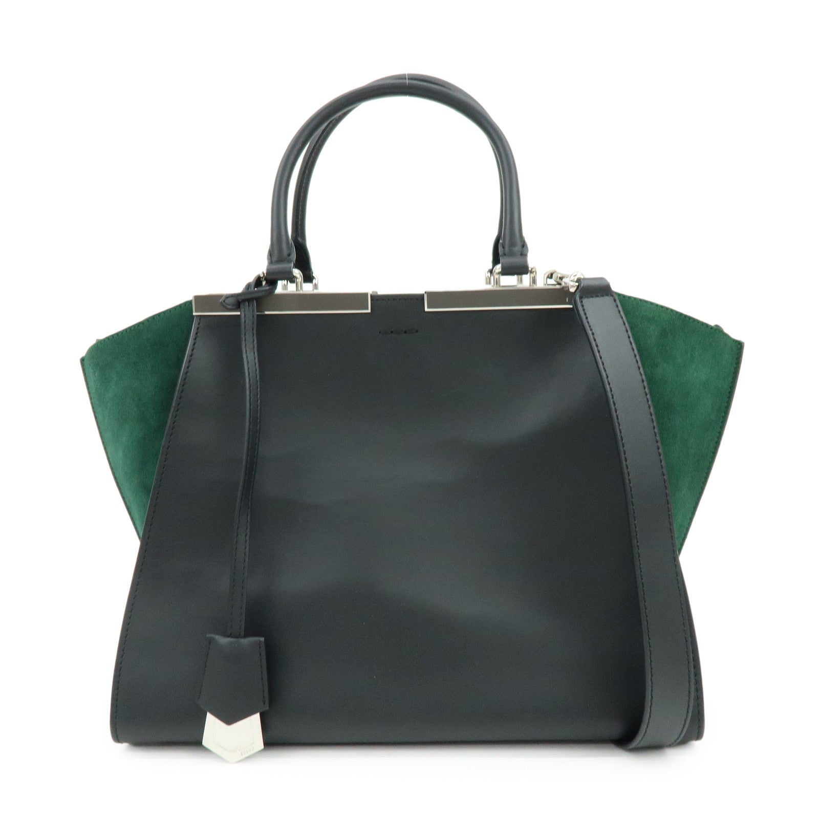 FENDI Trois Jours Leather Suede 2Way Hand Bag Black Green 8BH279