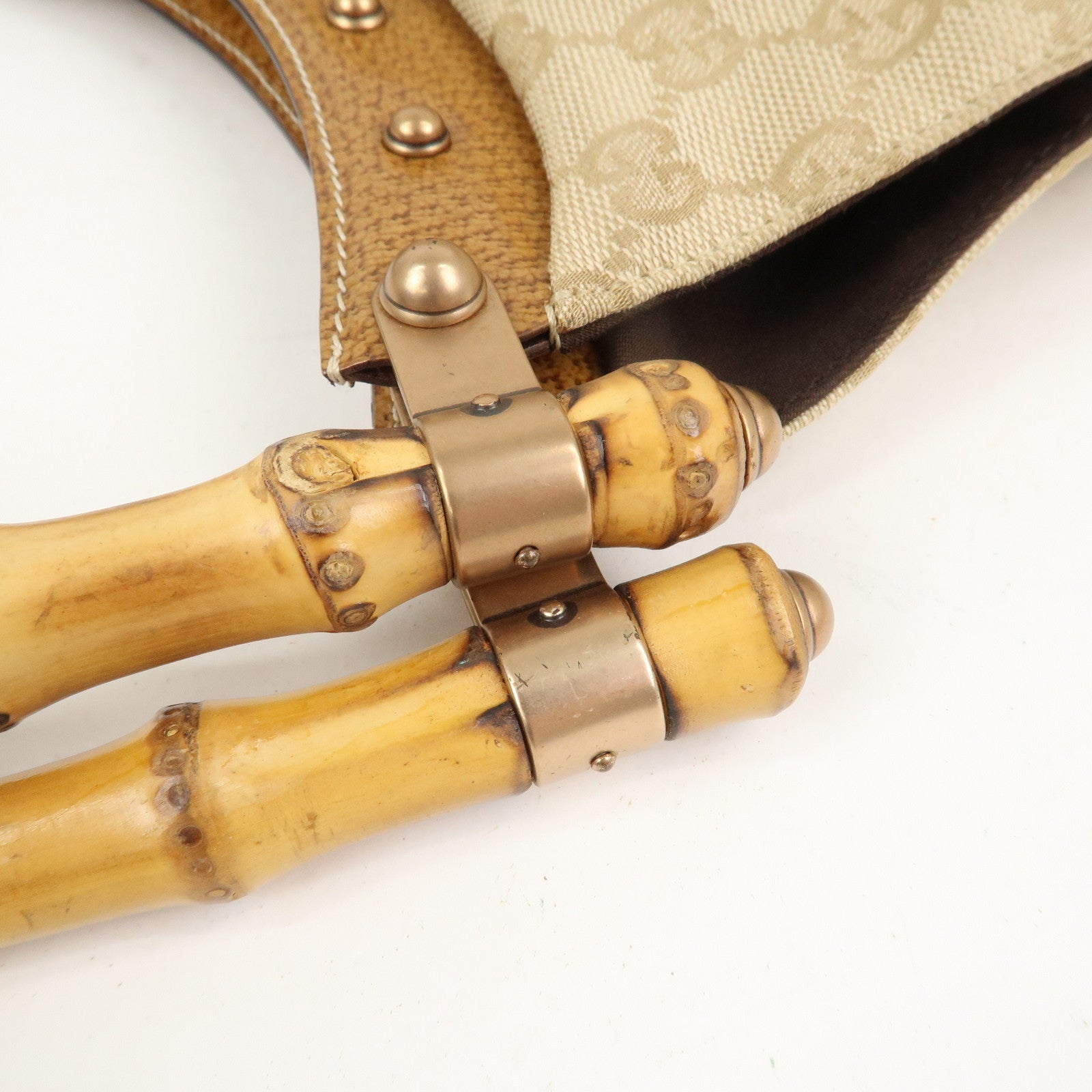 GUCCI Bamboo GG Canvas Leather Shoulder Bag Hand Bag Beige 124293