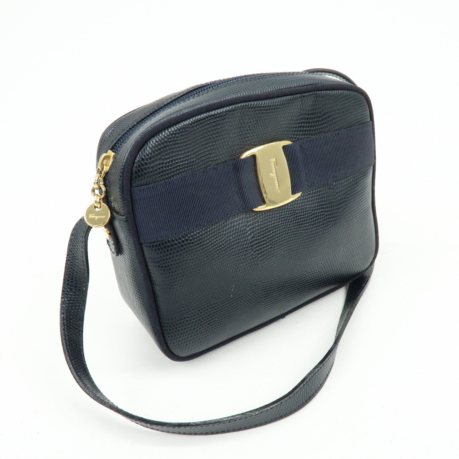 Ferragamo Vara Embossed Leather Shoulder Bag Crossbody Bag Navy