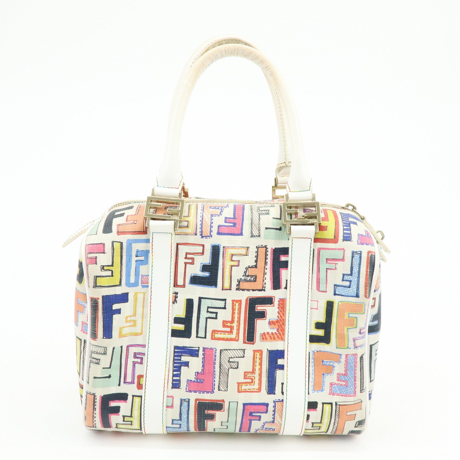 FENDI Zucca PVC Canvas Leather Boston Bag White Multicolor 8BL068
