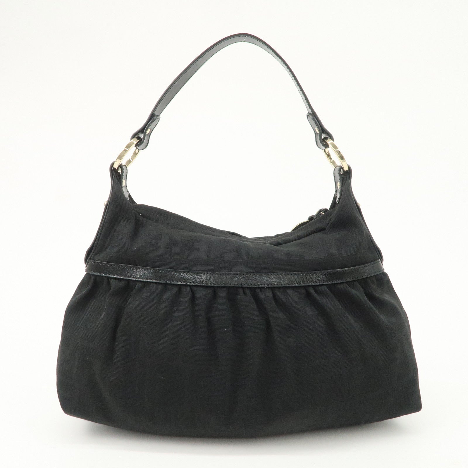 FENDI Zucca Canvas Leather Gathered Shoulder Bag Black 8BR448