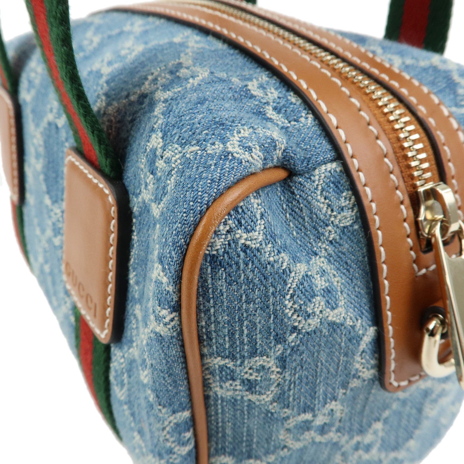 GUCCI Sherry GG Denim Leather 2Way Boston Bag Blue Brown 859975