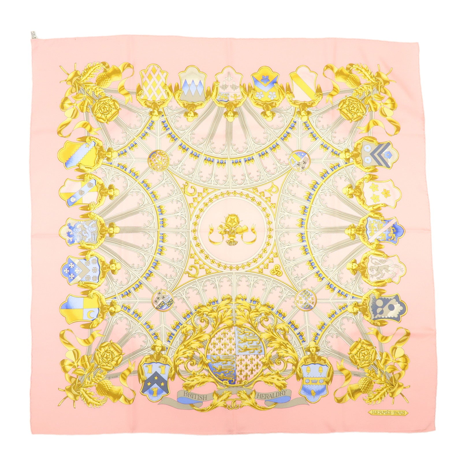 HERMES Carre 90 Silk 100% Scarf BRITISH HERALDRY Light Pink Gold