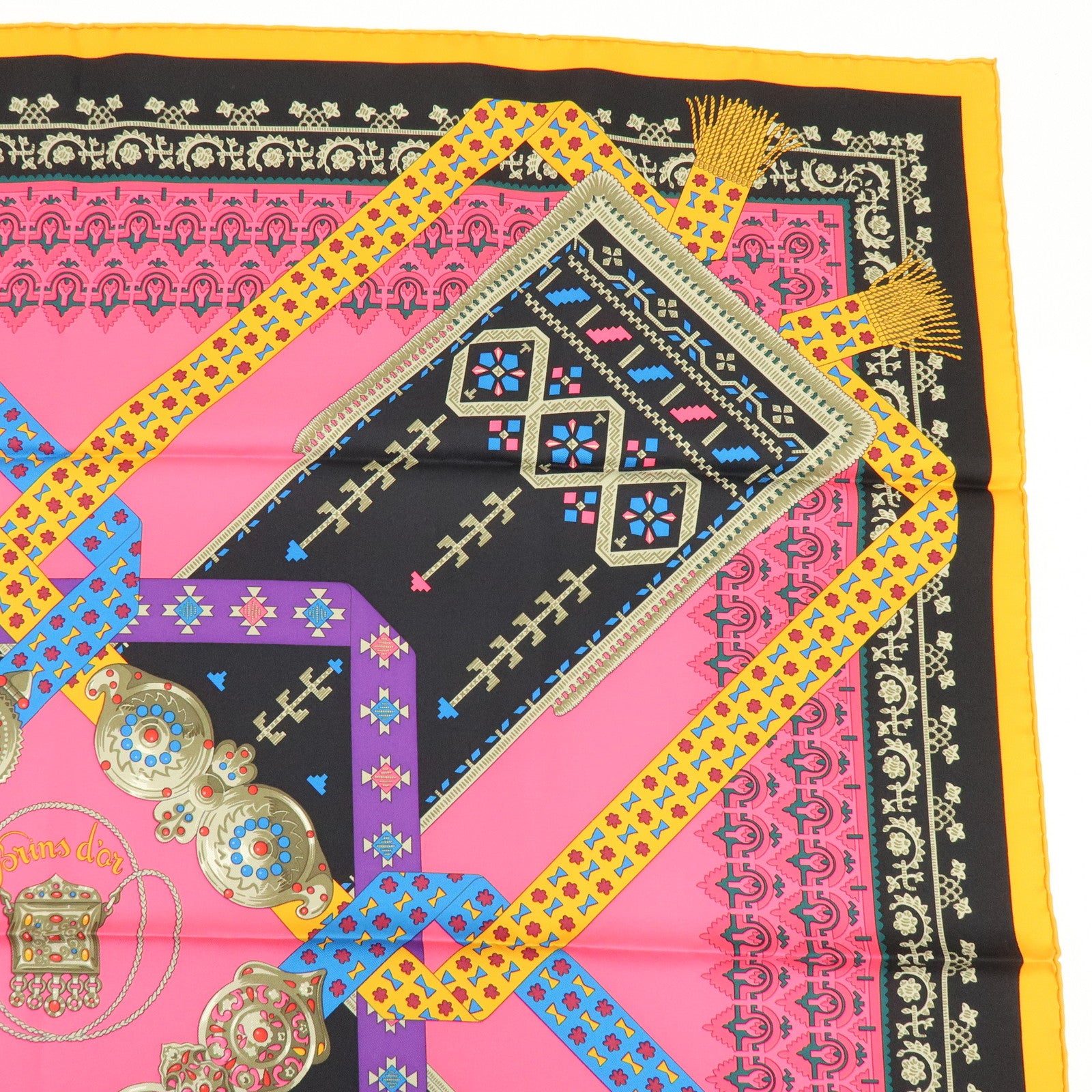 HERMES Carre 90 Silk 100% Scarf Brins d'or Pink Black Multi Color