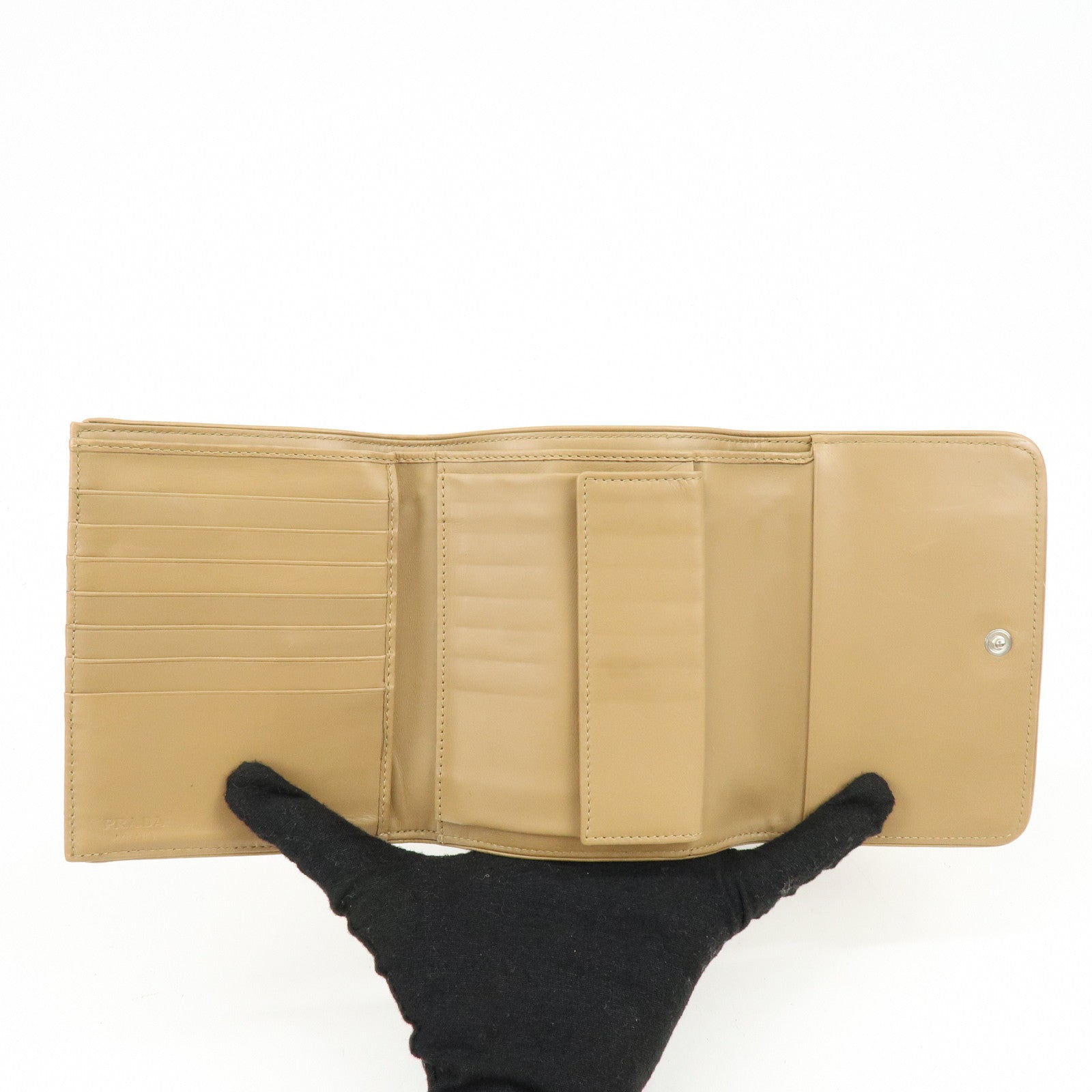 PRADA Logo Nylon Leather Compact Trifold Wallet Beige 1M0170