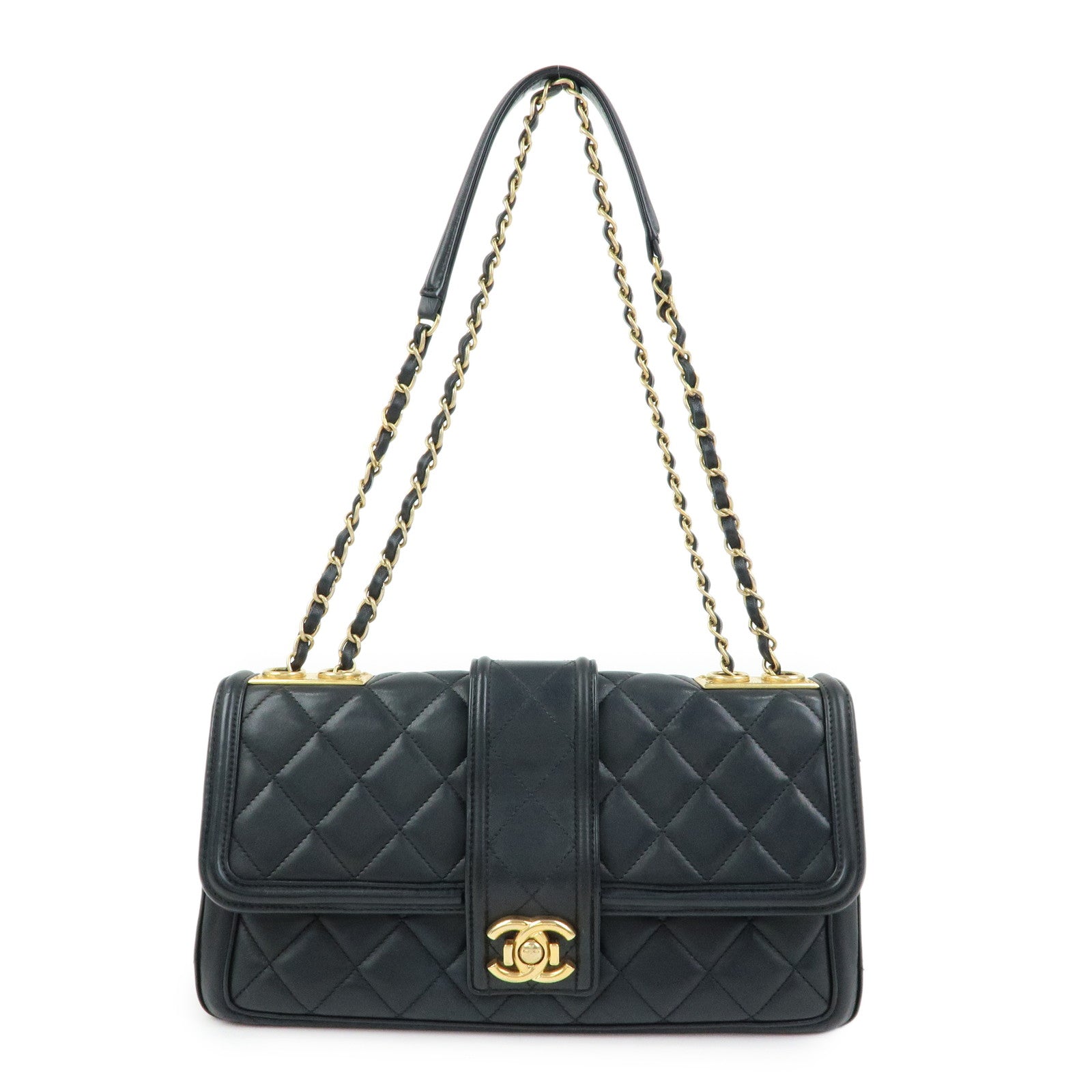 CHANEL Matelasse Lamb Skin Double Chain Single Flap Shoulder Bag
