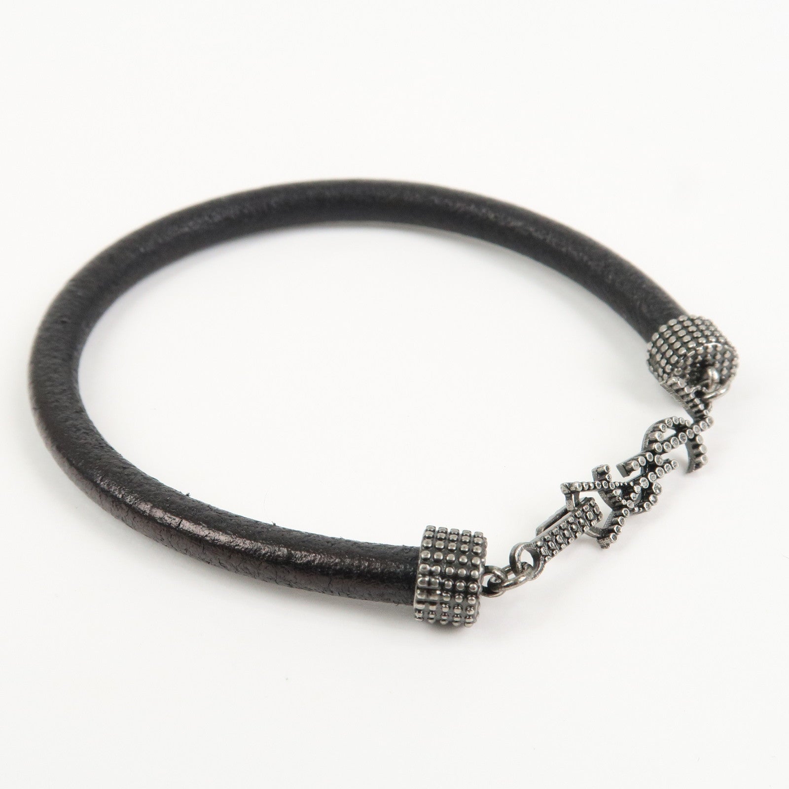 SAINT LAURENT Cassandre Logo Leather Metal Bracelet Black