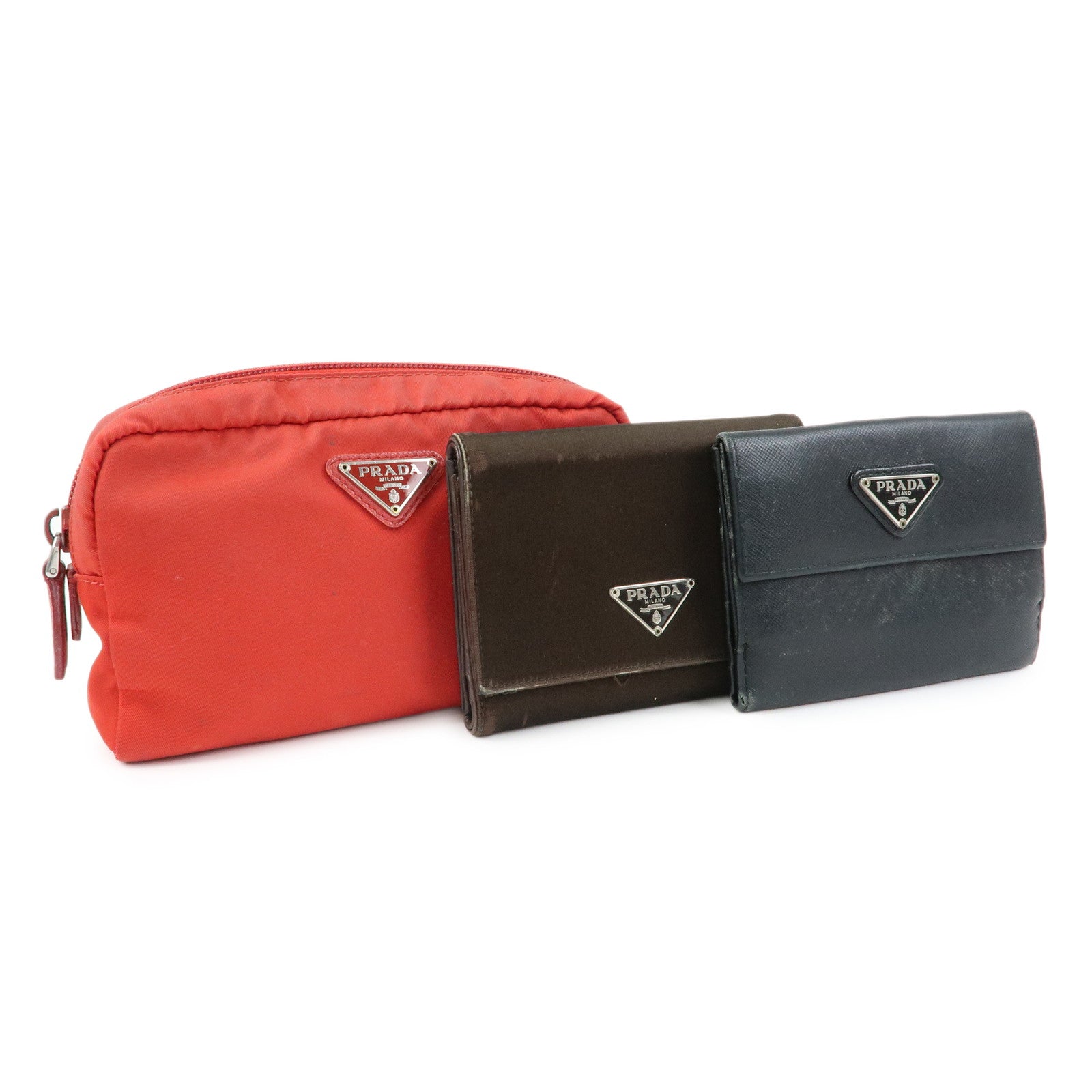 PRADA Triangle Logo Set of 3 Wallet Pouch Black Brown Red
