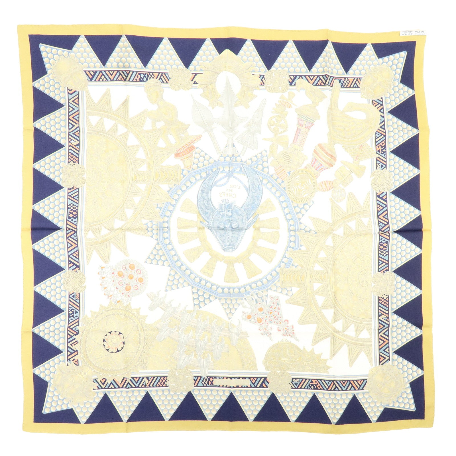 HERMES Carre 90 Silk 100% Scarf L'OR DES CHEFS Gold Navy