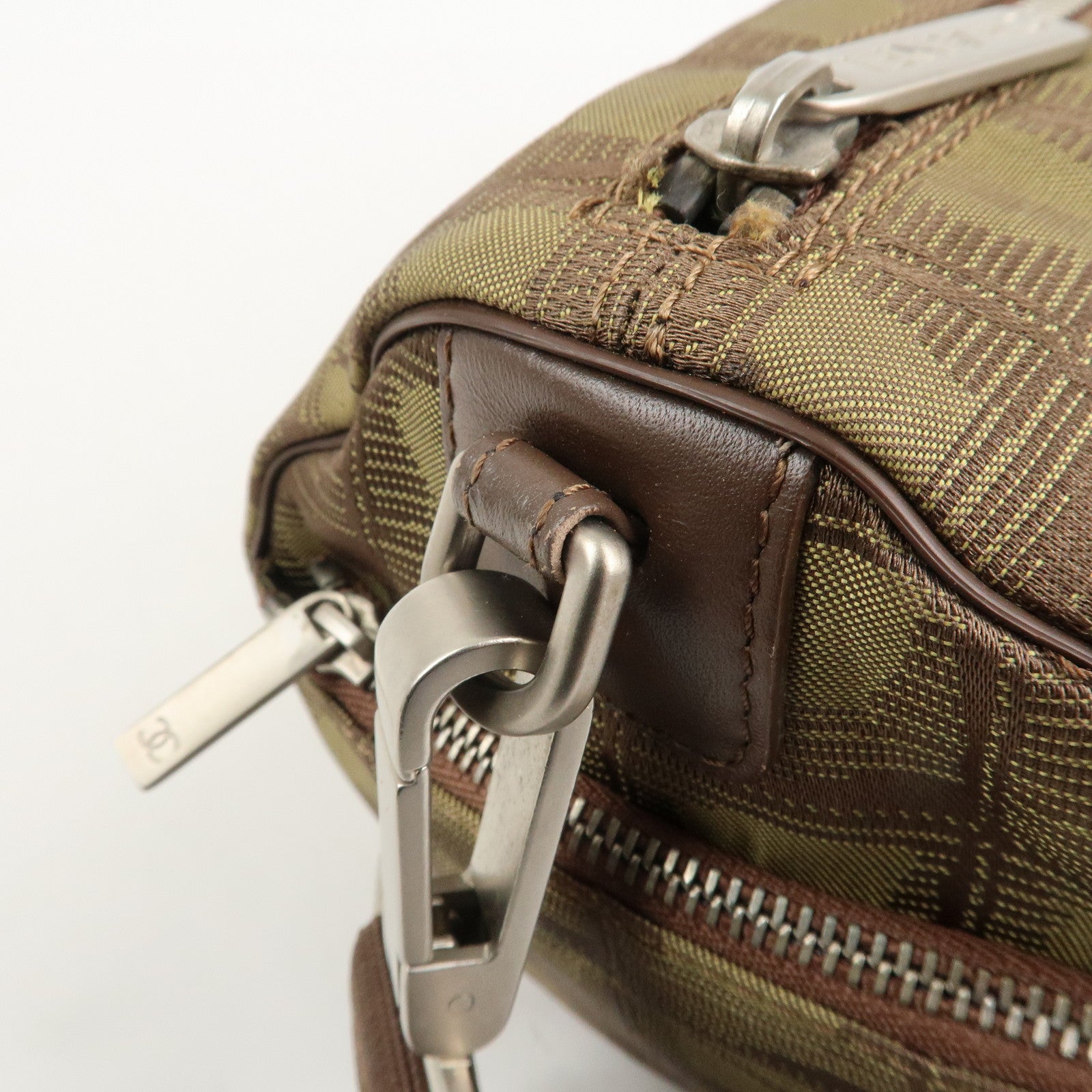 CHANEL New Travel Line Nylon Jacquard Shoulder Bag Khaki Used