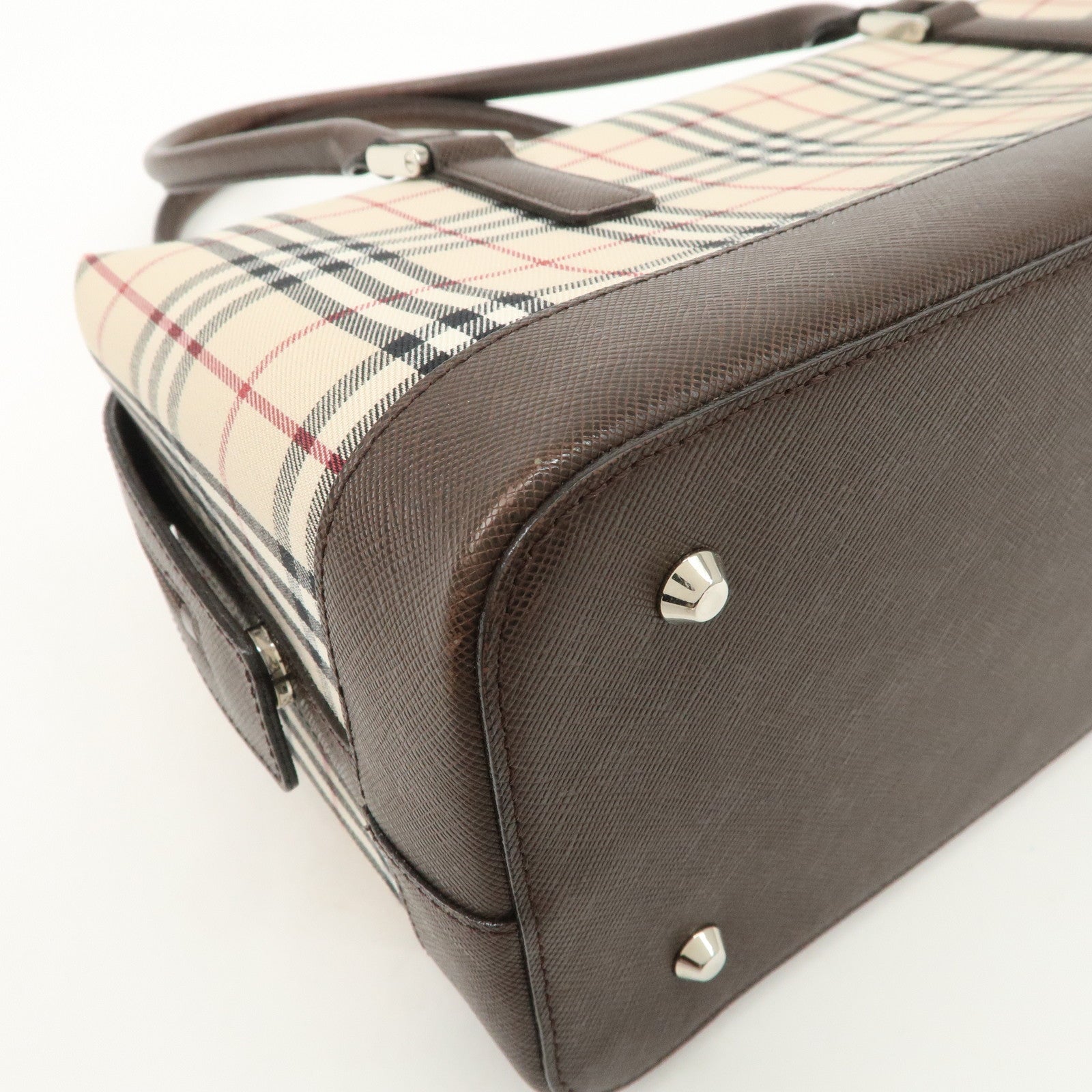 BURBERRY Leather Canvas Boston Bag Hand Bag Nova Plaid Brown Used