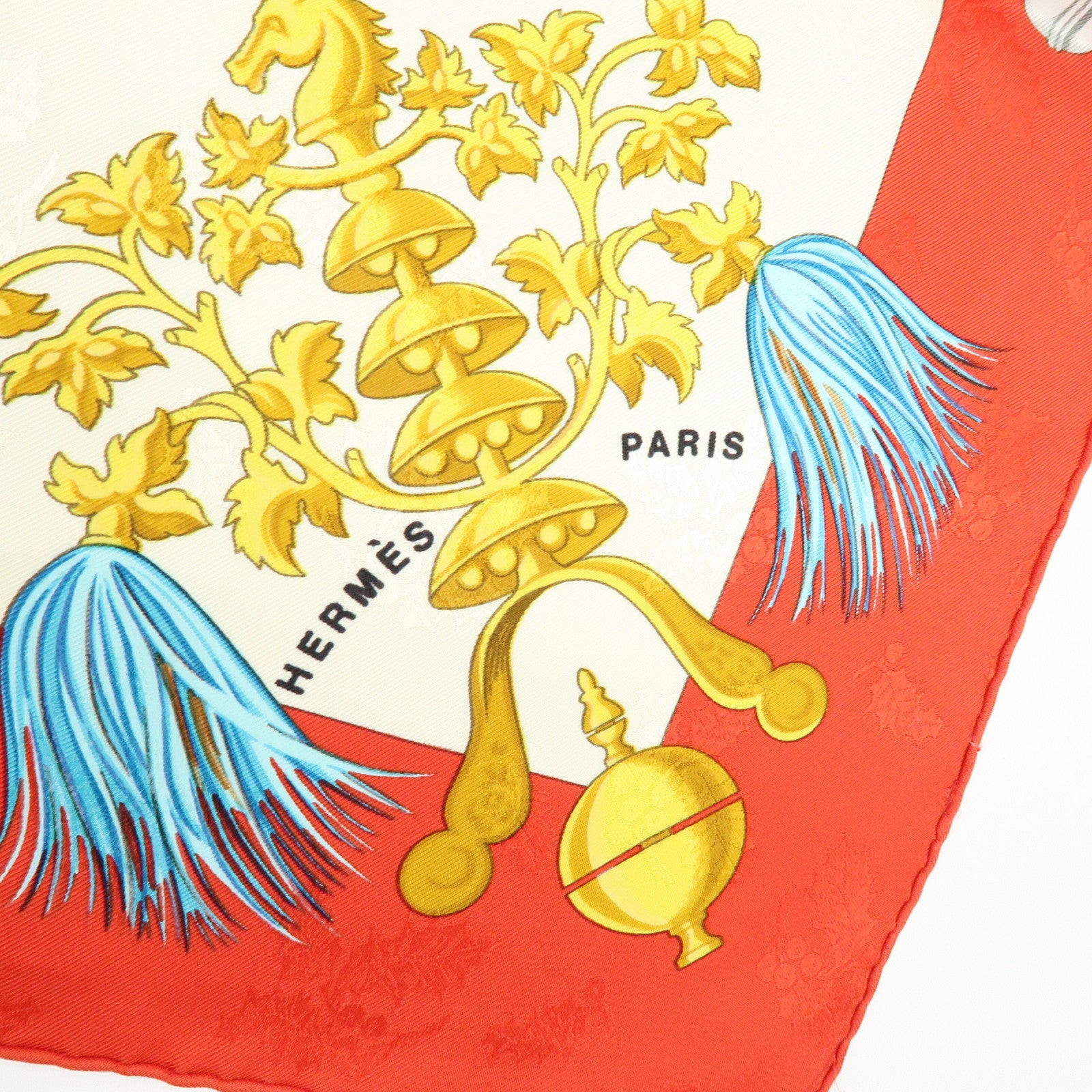 HERMES Carre 90 100% Silk Plumes et Grelots Scarf White Red