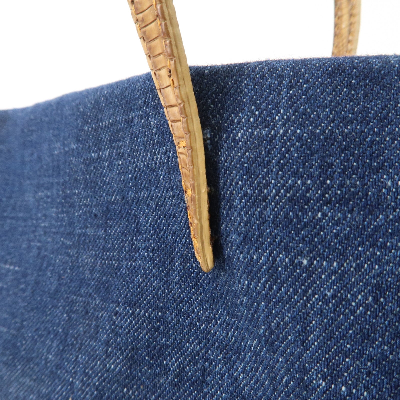 FENDI Denim Tote Bag Hand Bag Logo Charm Navy