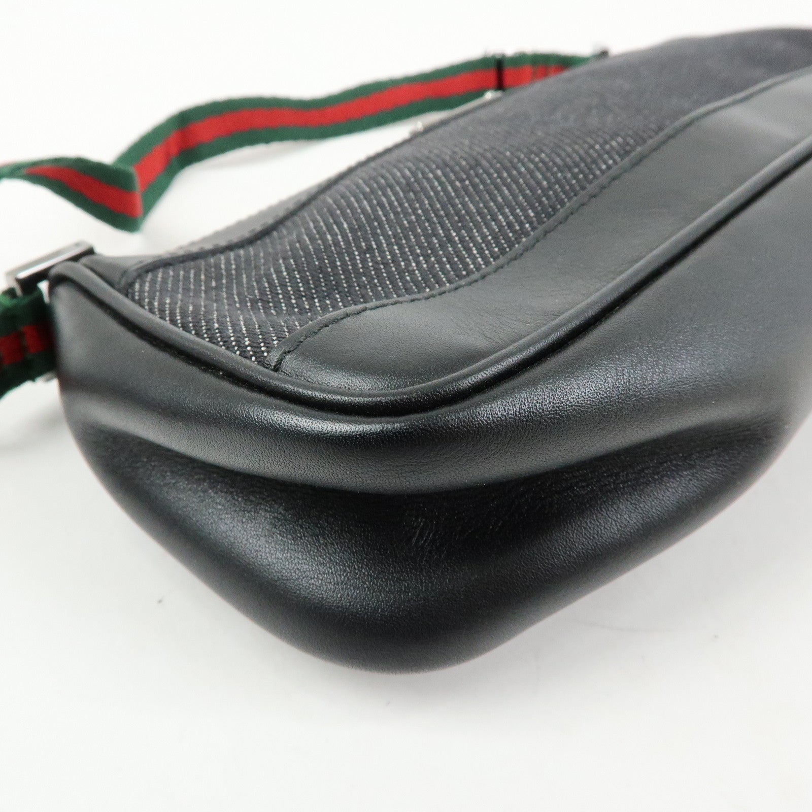 GUCCI Sherry Denim Leather Accessory Pouch Hand Bag Black 92820