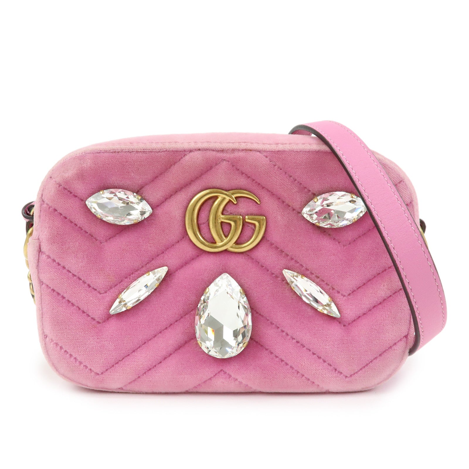 GUCCI GG Marmont Velvet Leather Rhinestone Shoulder Bag Pink 448065