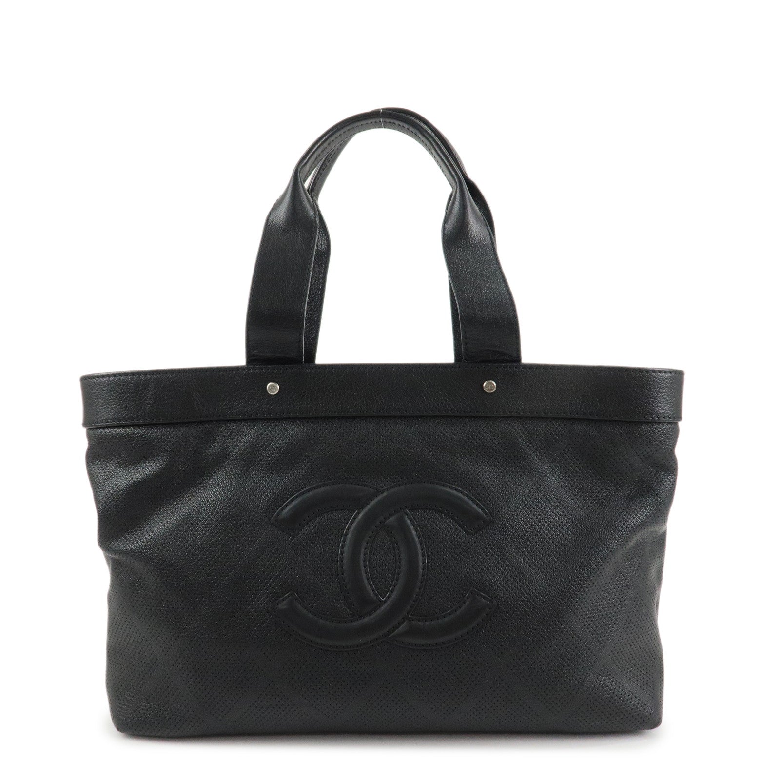 CHANEL COCO Mark Patent Leather Punchcing Tote Bag Shoulder Bag Black Used
