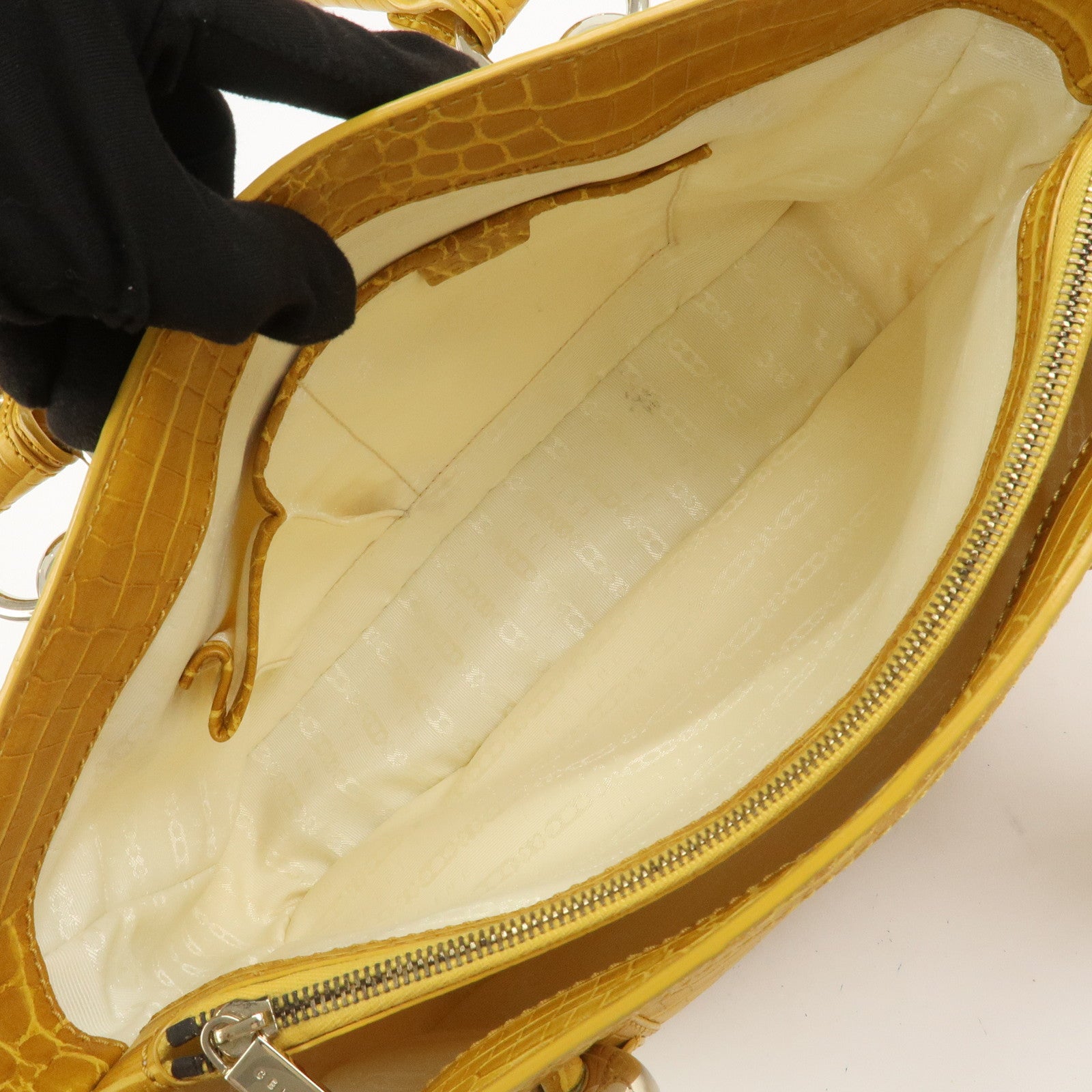 CELINE Boogie Bag Canvas Embossed Leather Hand Bag Natural Yellow