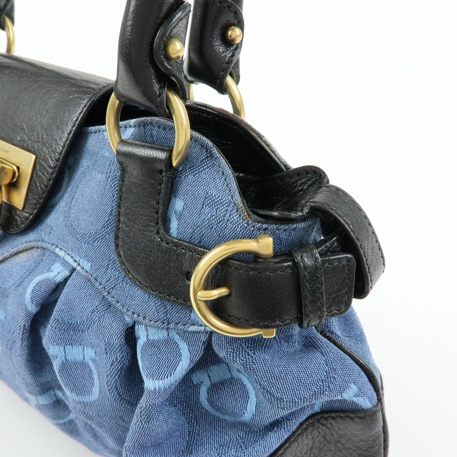 Ferragamo Gancini Canvas Leather Hand Bag Shoulder Bag Blue Black