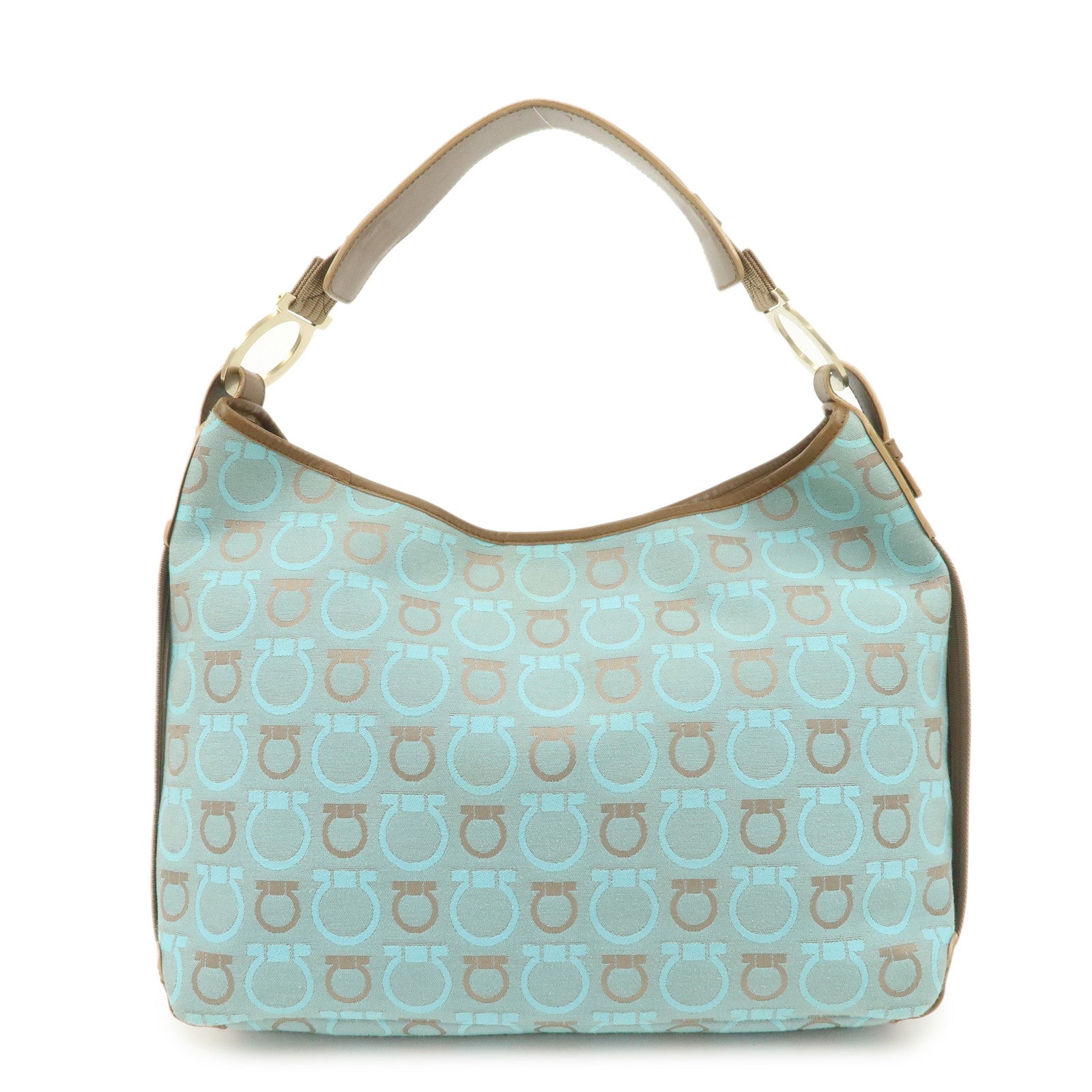 Ferragamo Gancini Canvas Leather Shoulder Bag Light Blue Brown