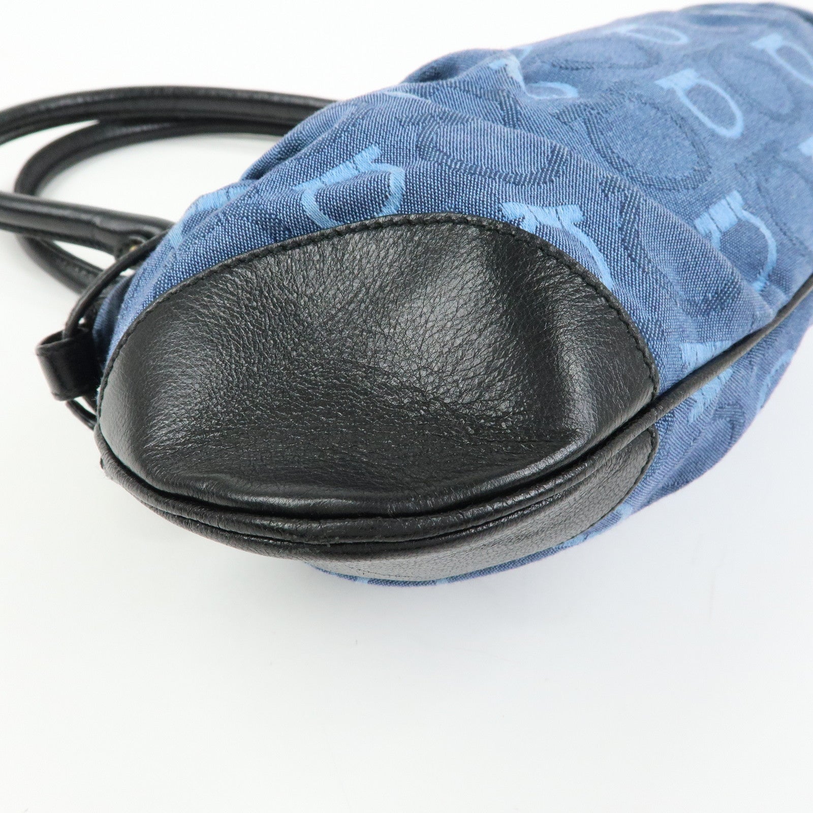 Ferragamo Gancini Canvas Leather Hand Bag Shoulder Bag Blue Black