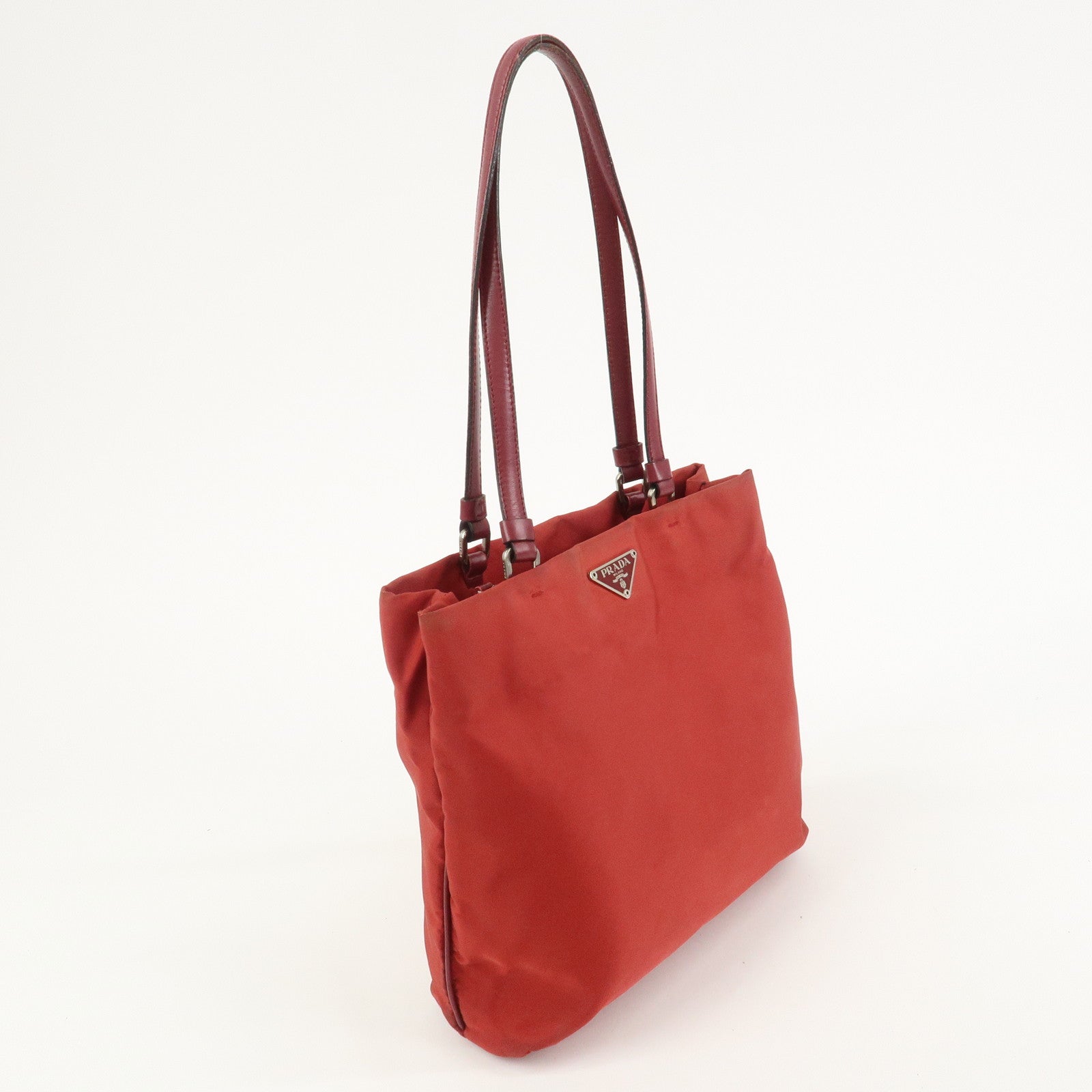 PRADA Triangle Logo Nylon Leather Tote Bag Shoulder Bag Red