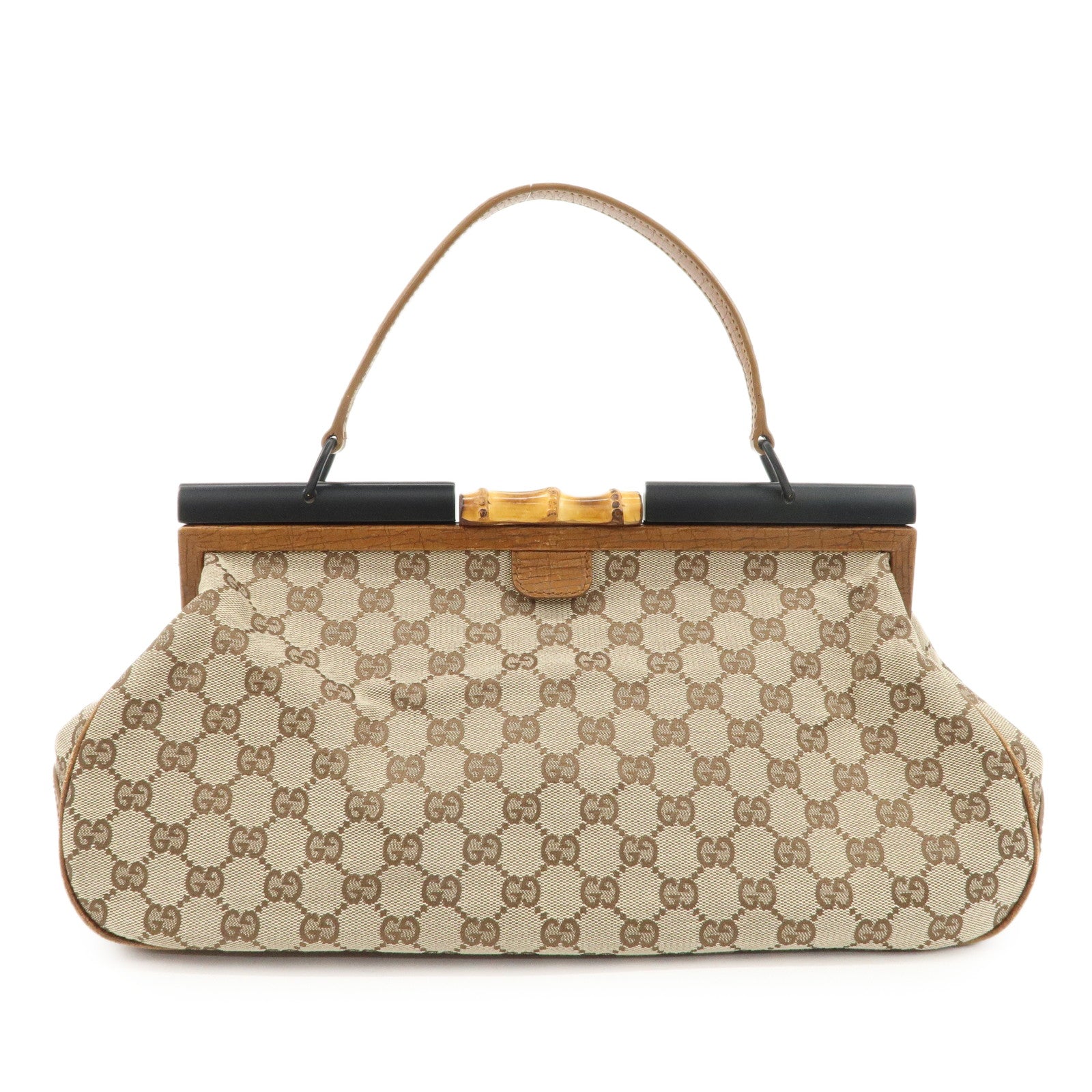 GUCCI Bamboo GG Canvas Leather Hand Bag Beige Brown 112366