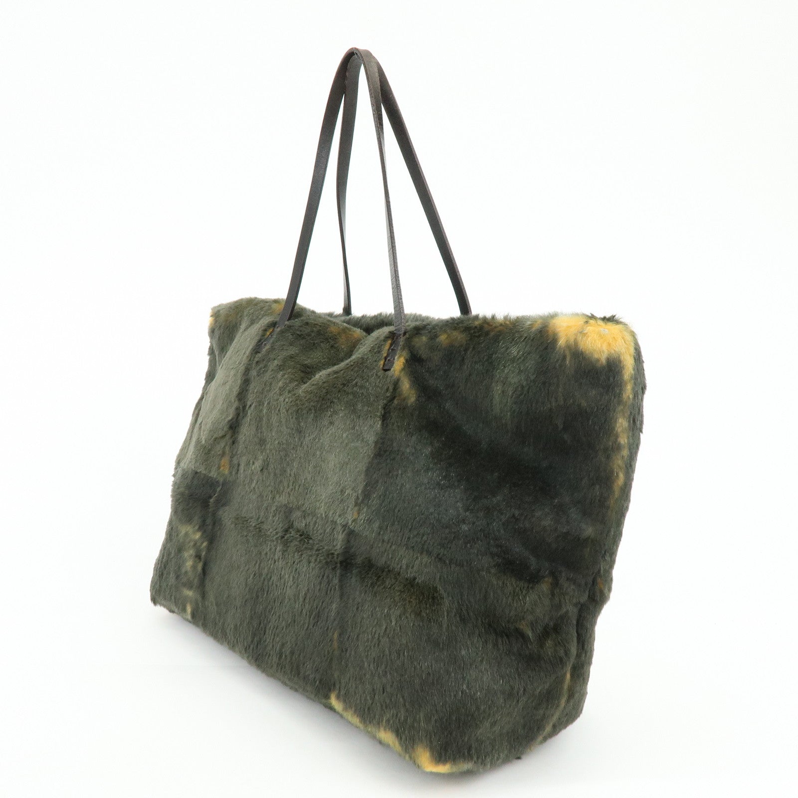 FENDI Fur Leather Tote Bag Hand Bag Brown Yellow 8BH005