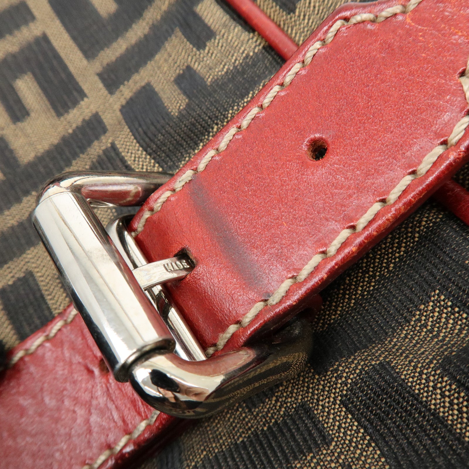 FENDI Zucca Canvas Leather Mini Boston Hand Bag Brown Red 8BR119