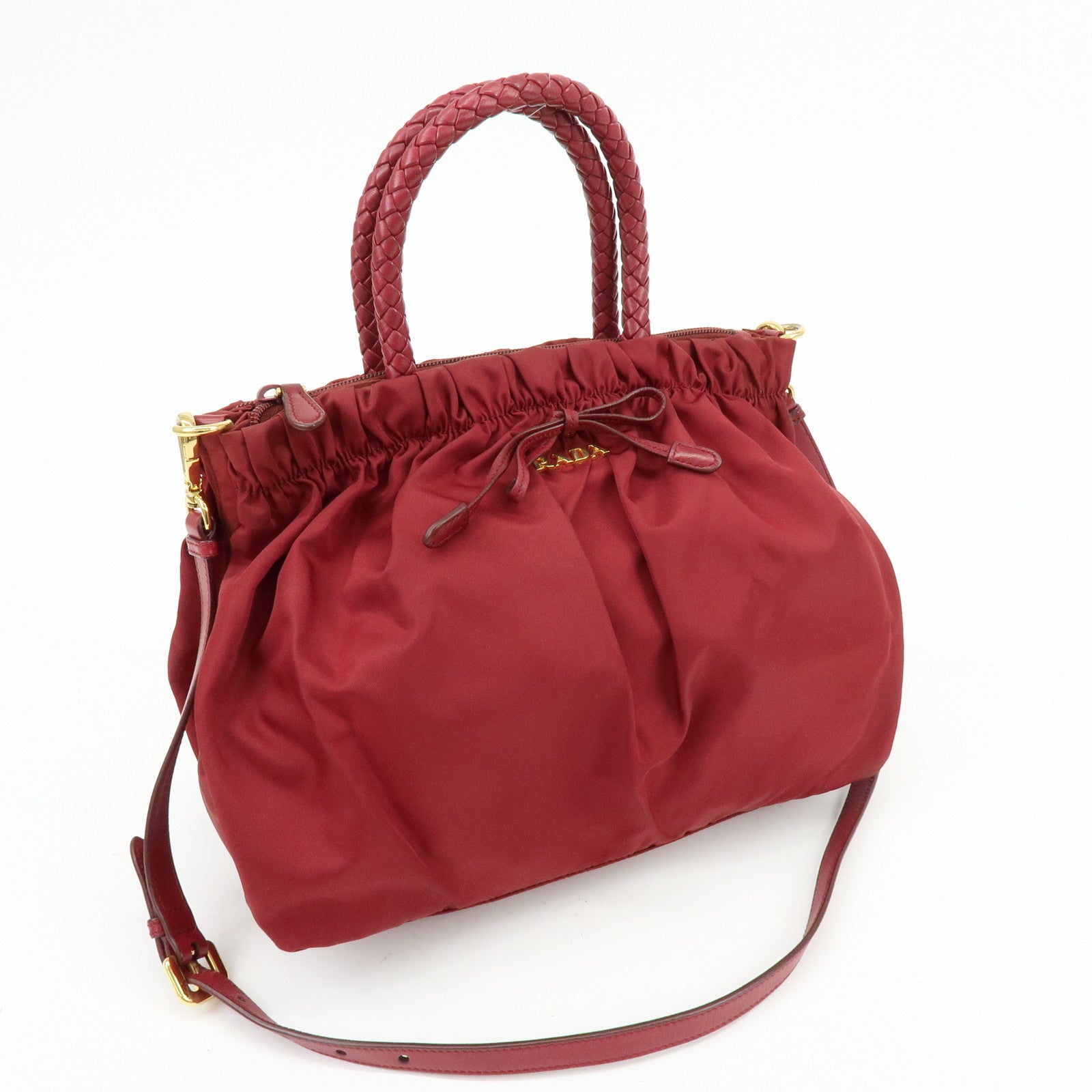 PRADA Nylon Leather Ribbon 2Way Bag Hand Bag Shoulder Bag Red