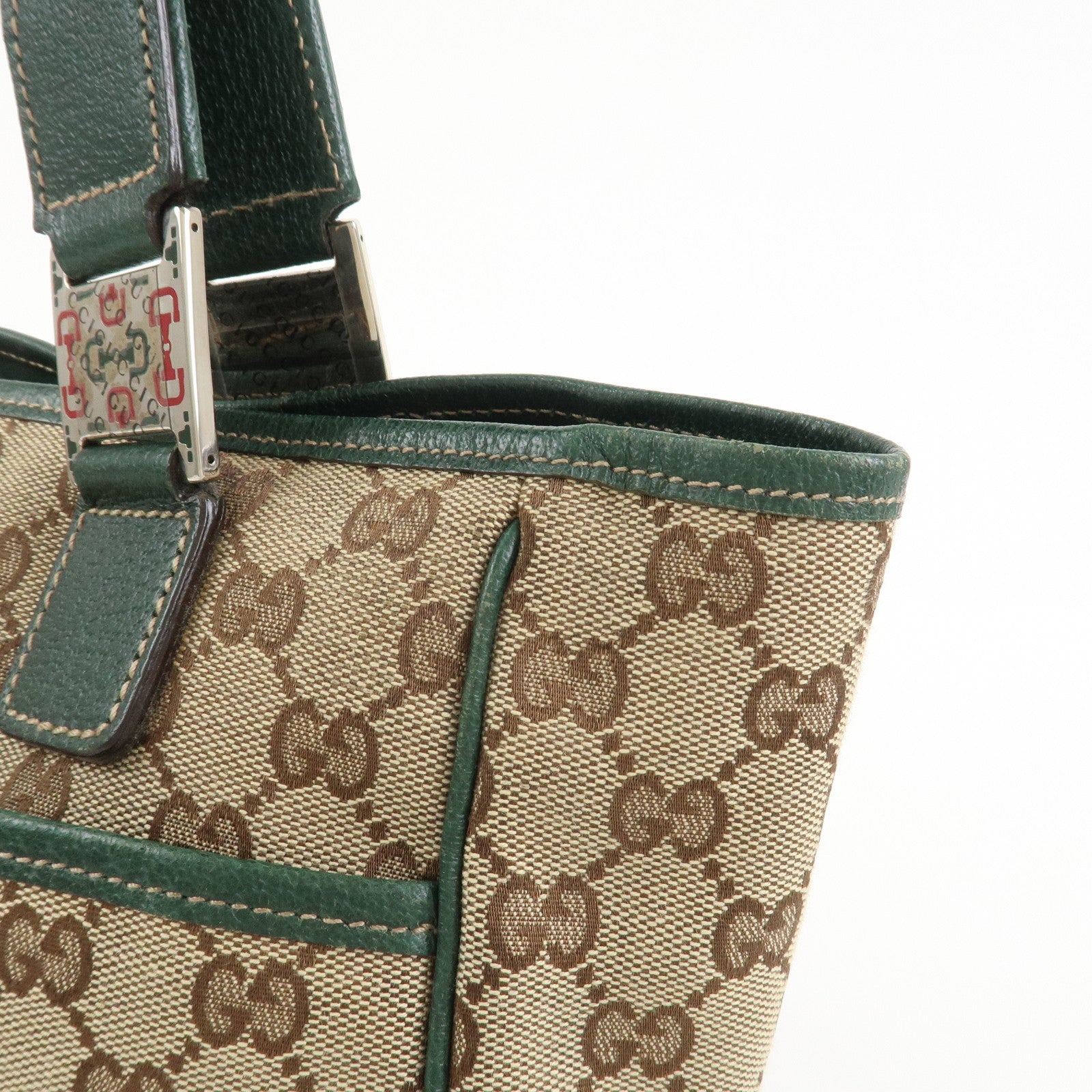 GUCCI Sherry GG Canvas Leather Hand Bag Brown Green 145810