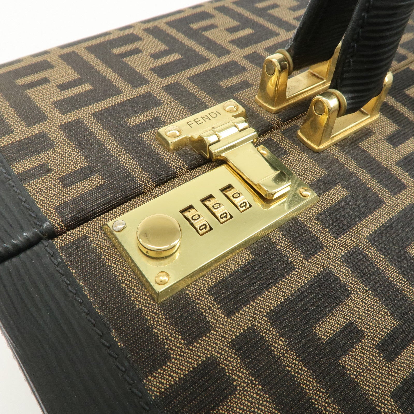 FENDI Zucca Canvas Leather Vanity Bag Makeup Box Brown Black