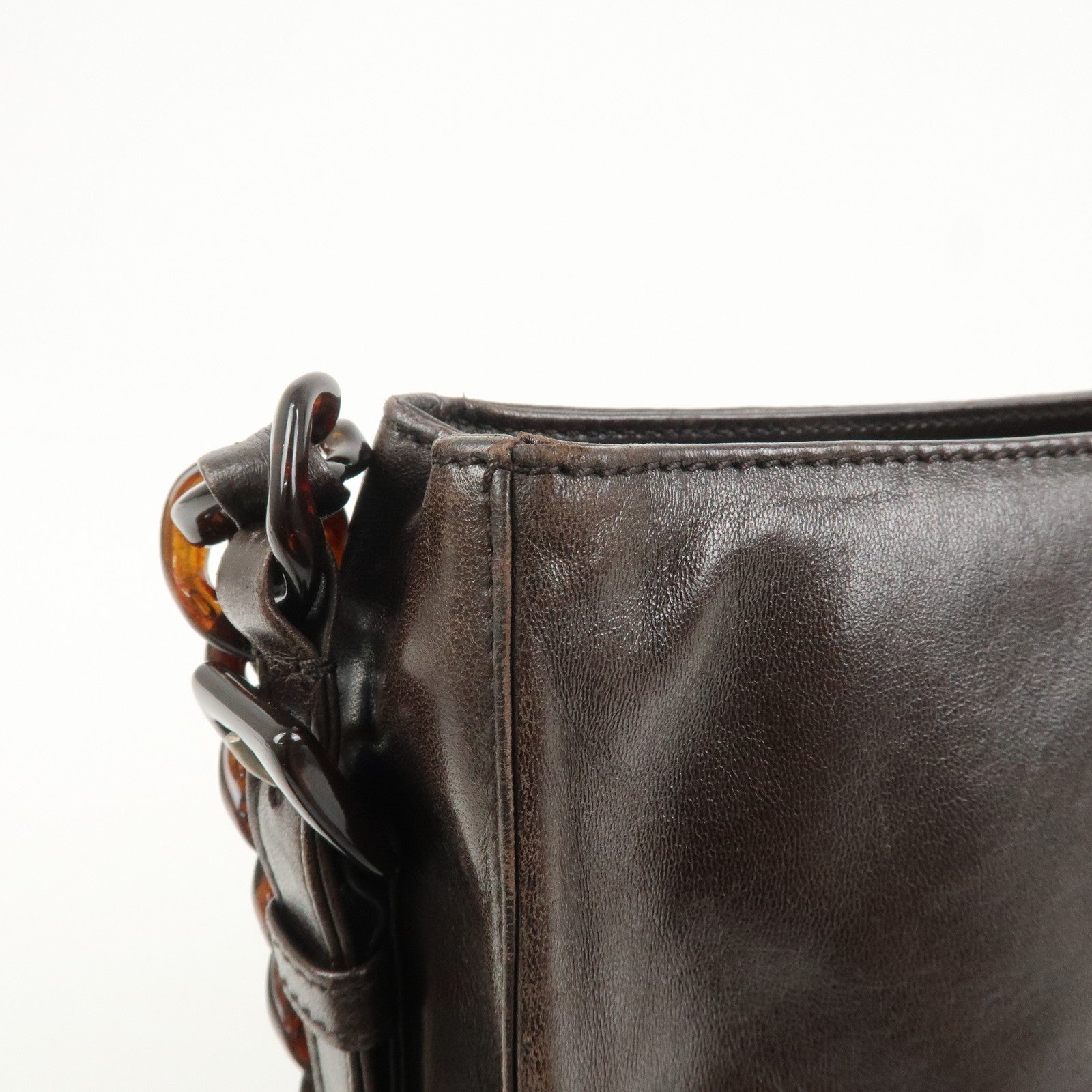 PRADA Logo Suede Leather Plastic Chain Shoulder Bag Brown
