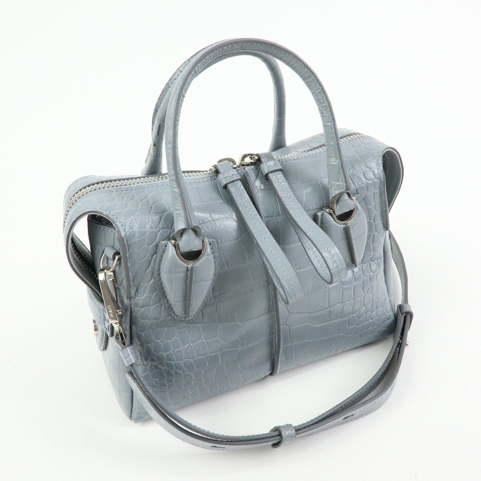 TOD'S D Styling Embossed Leather 2Way Hand Shoulder Bag Light Gray