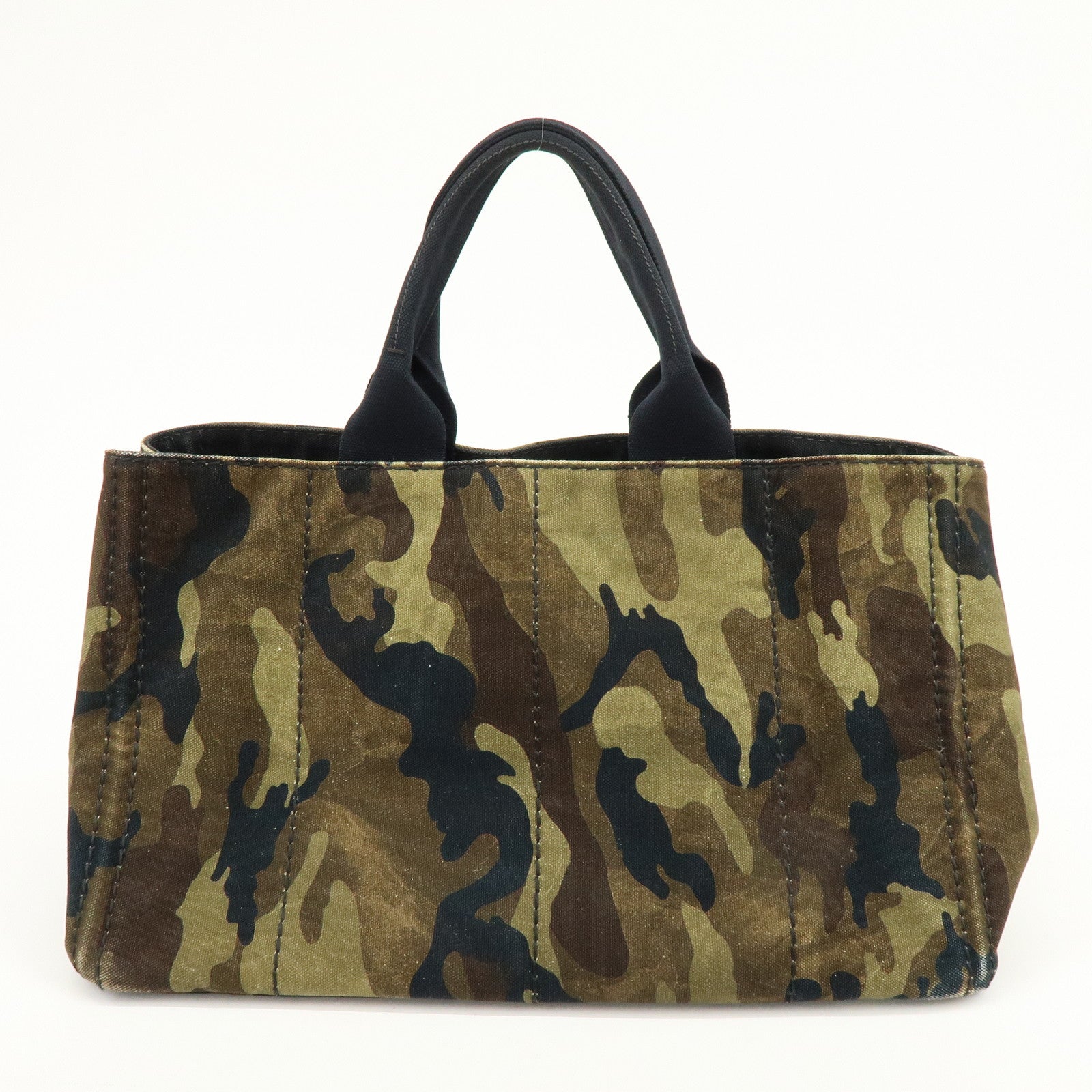 PRADA Canapa Large Tote Bag Hand Bag Khaki Black Brown BN1872