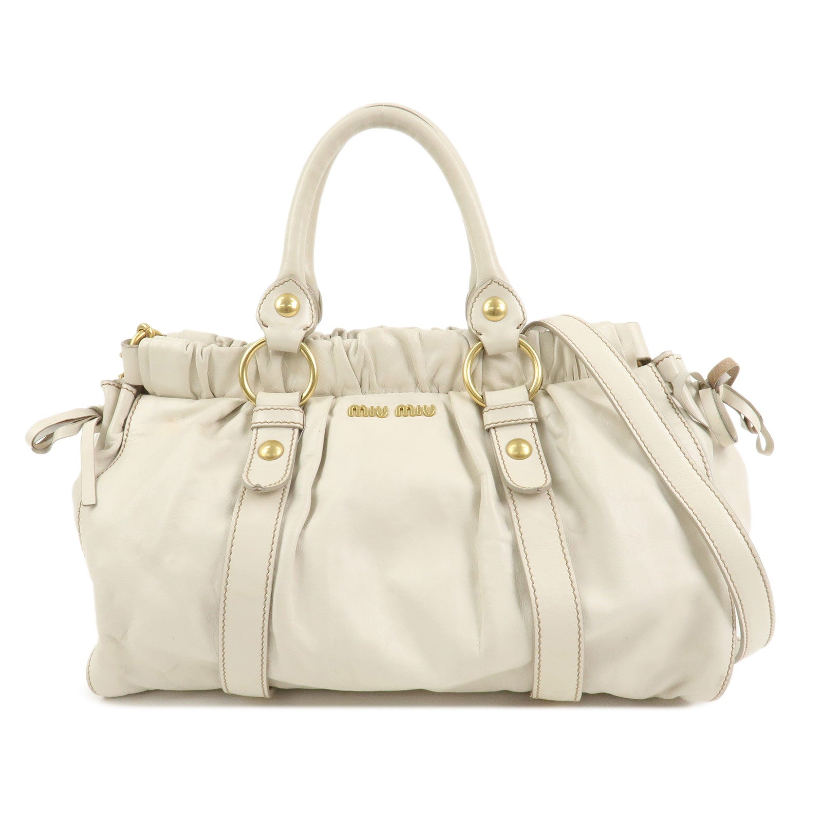 MIU MIU Logo Leather 2Way Bag Shoulder Bag Hand Bag Ivory RT0383
