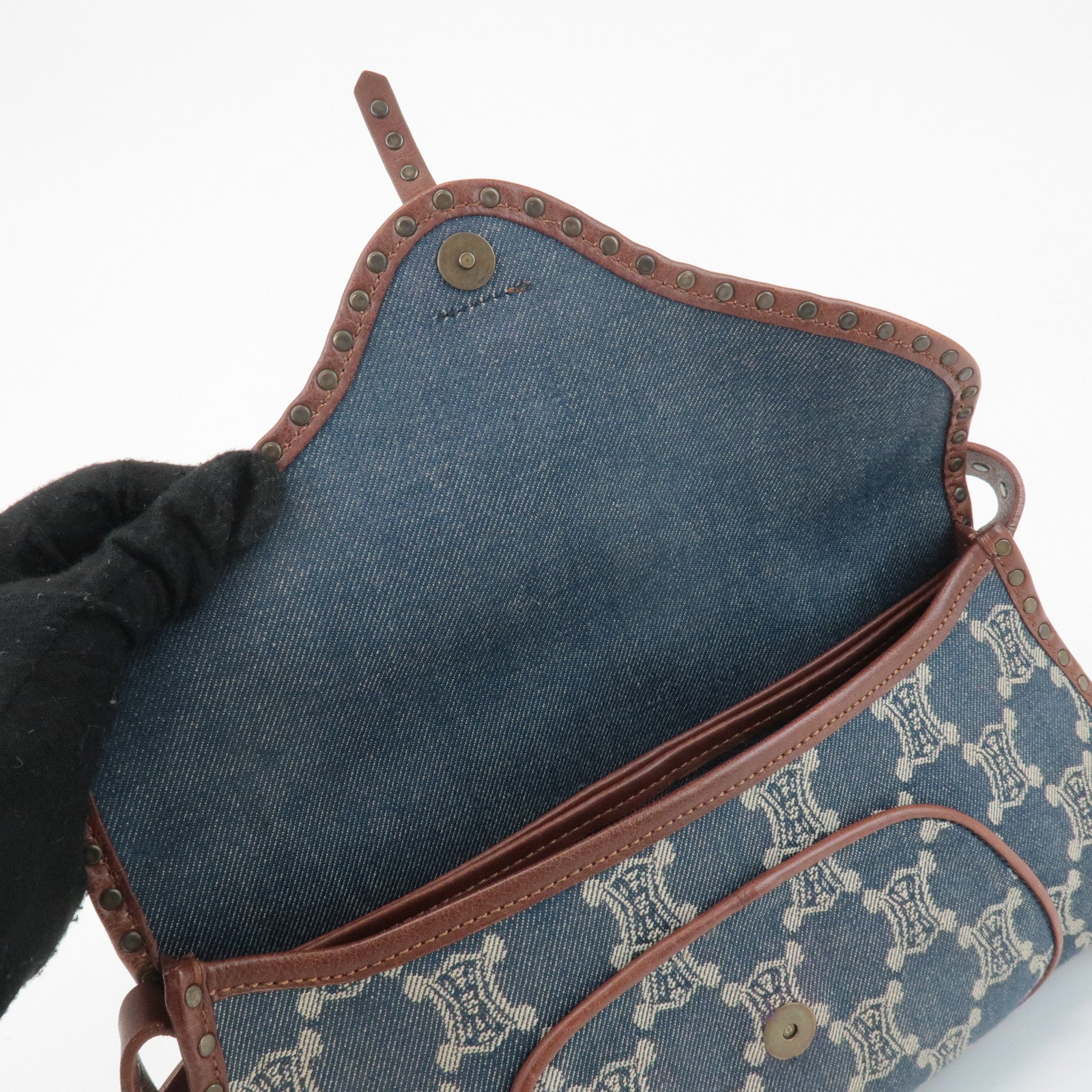 CELINE Macadam Denim Canvas Leather Shoulder Bag Blue Brown Used