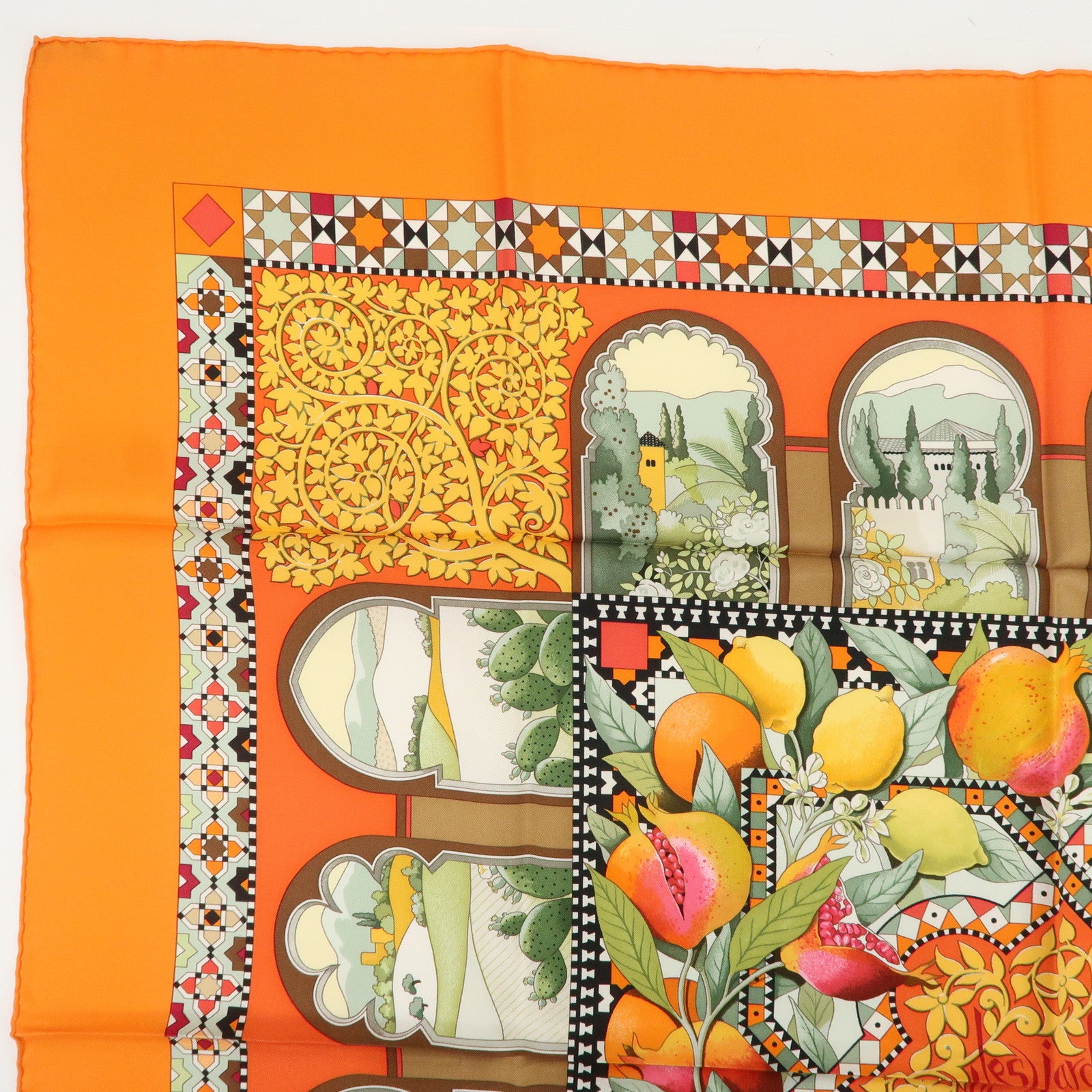 HERMES Carre 90 Silk 100%  Les Jardins d’ Andalousie Scarf Oragne