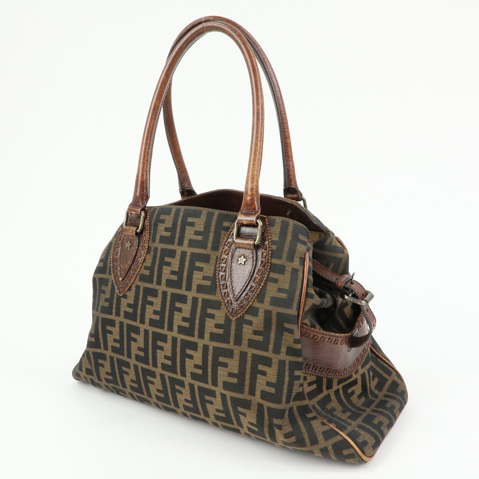 FENDI Ethnico Zucca Canvas Leather Tote Shoulder Bag Brown 8BN162