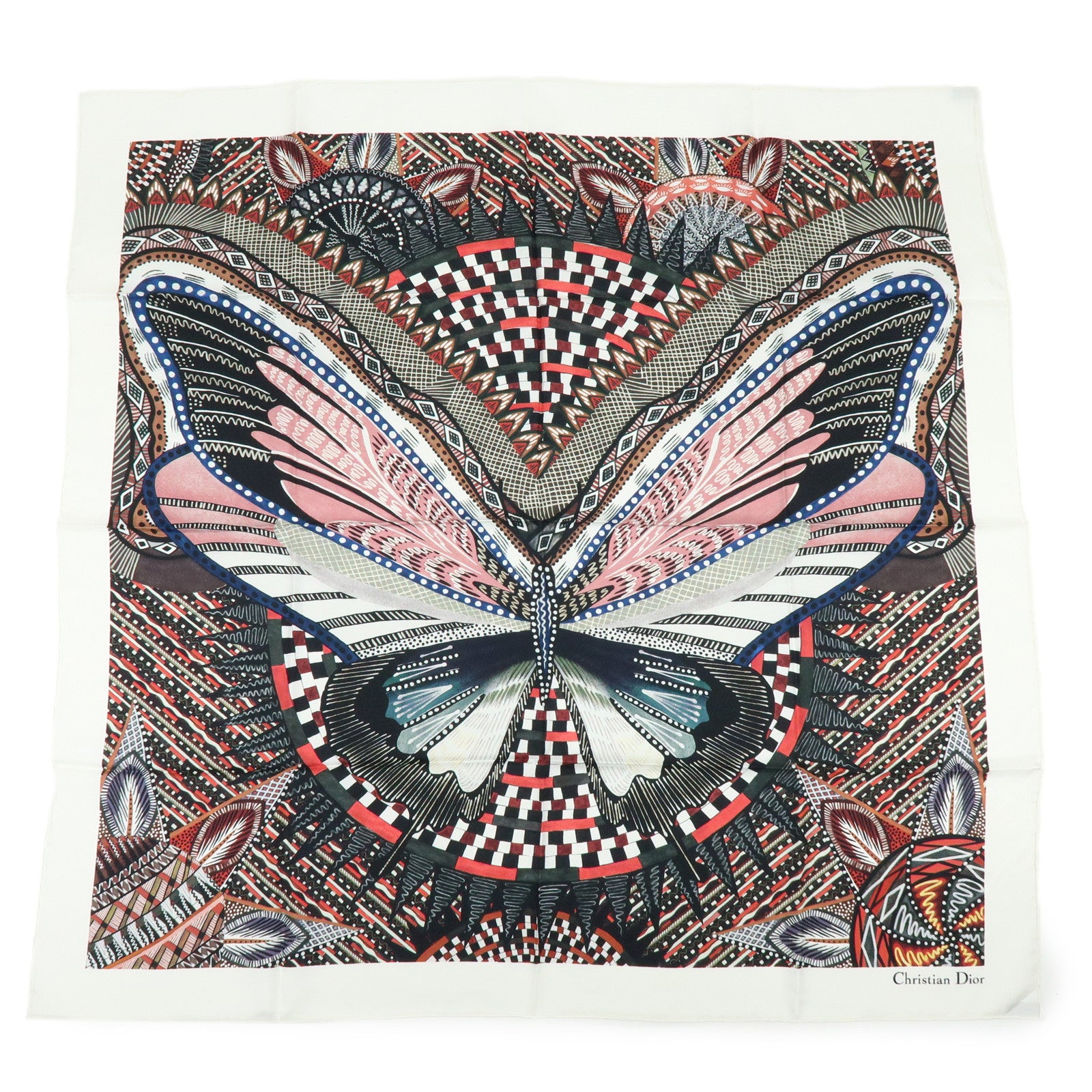 Christian Dior Silk 100% Scarf Butterfly Pattern White Black Pink
