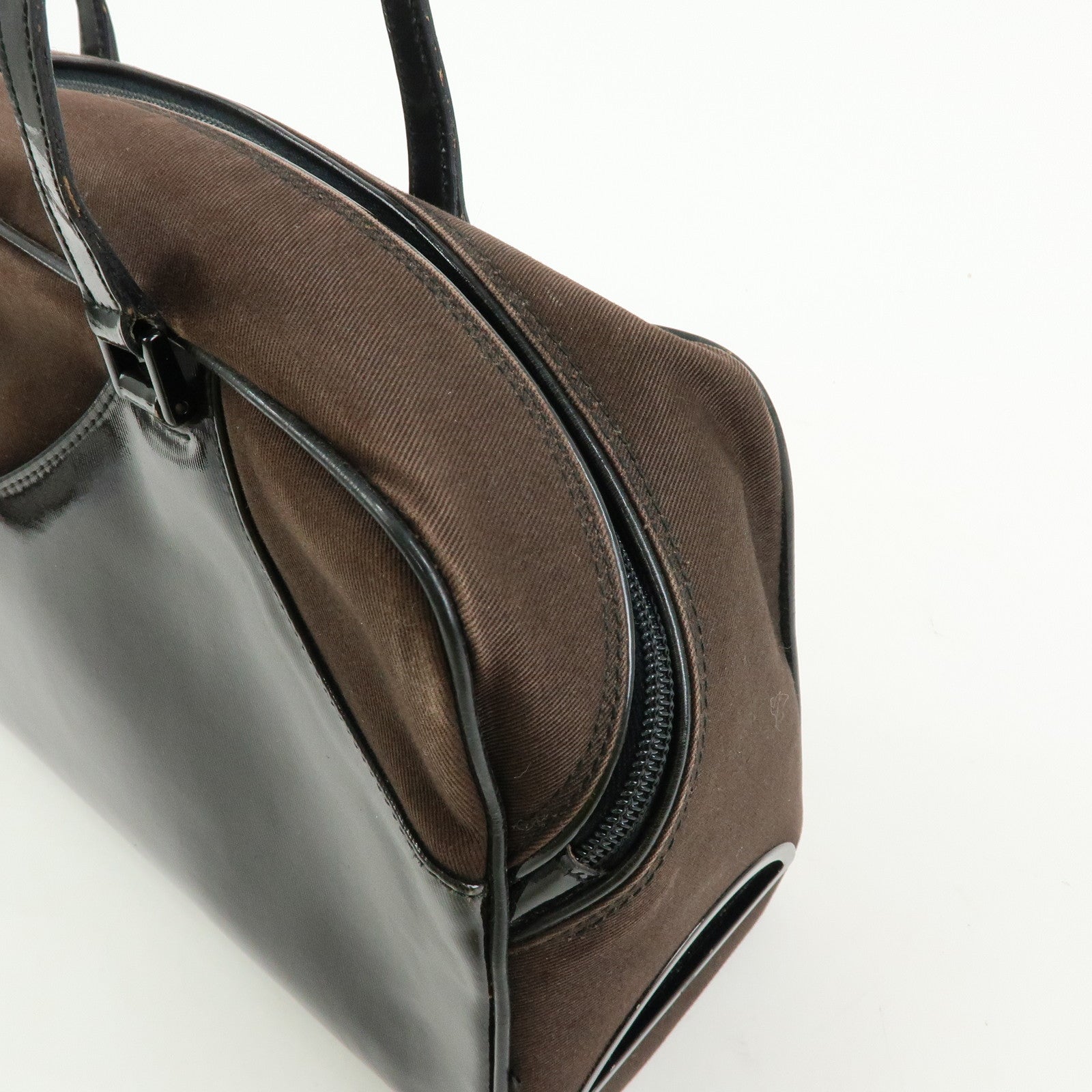 Christian Dior Canvas Patent Leather Boston Bag Hand Bag Brown