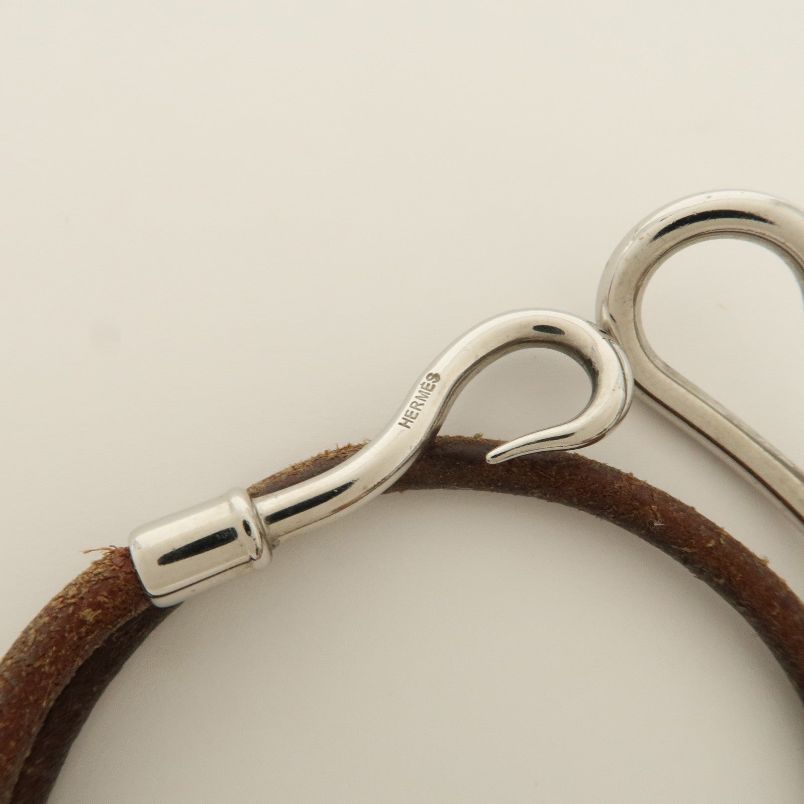 HERMES Leather Metal Jumbo Choker Bracelet Brown Silver